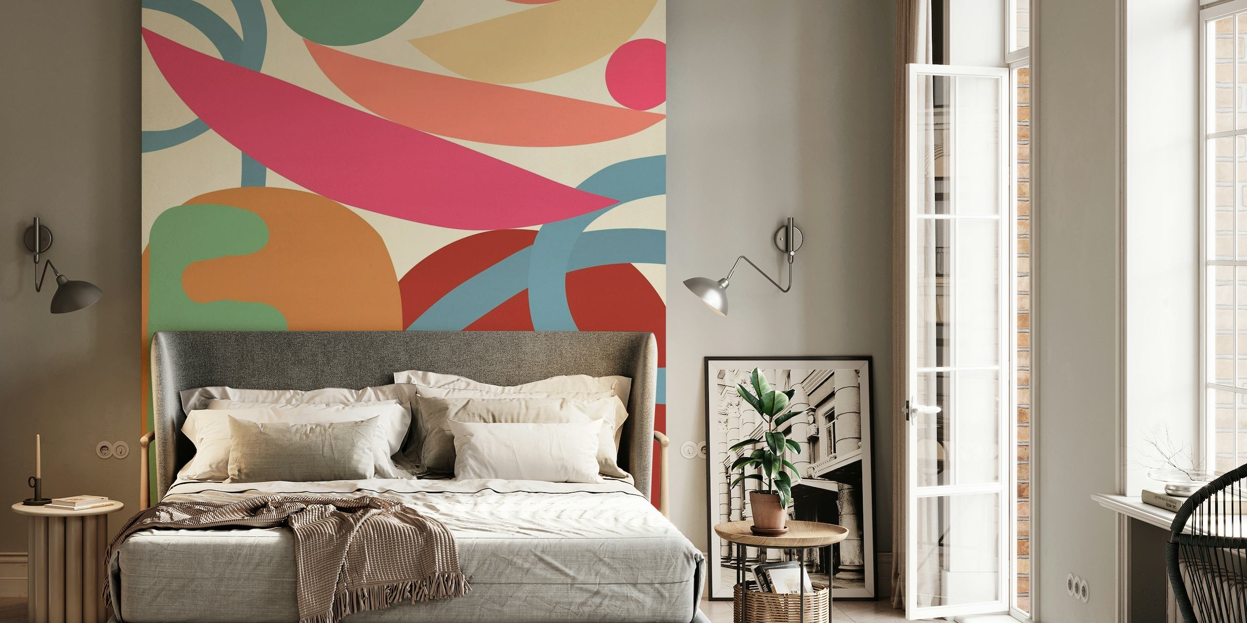 Abstract organic shapes wall mural with a mix of pastel and bold colors suitable for modern interior decor