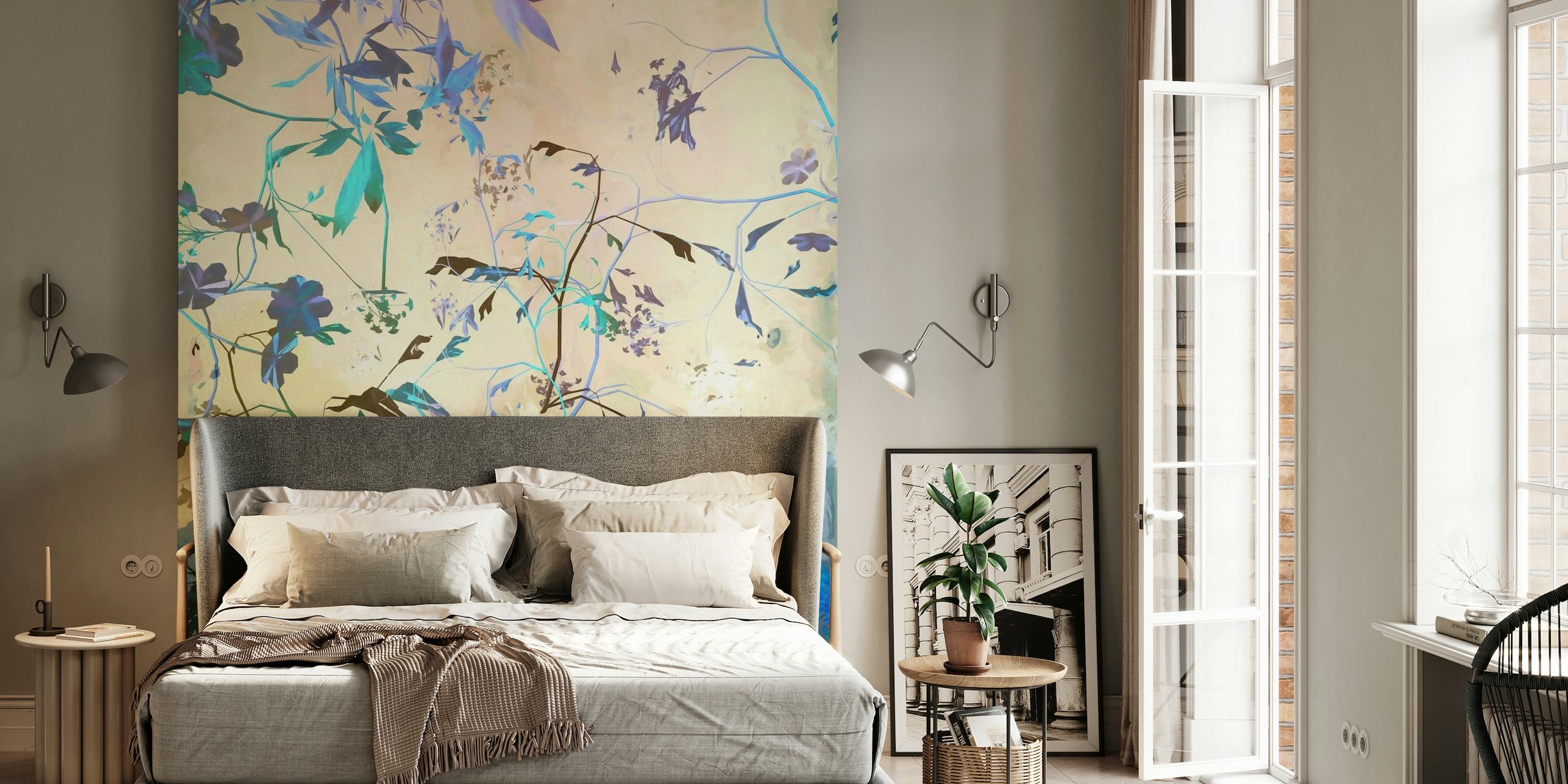 Fotomural vinílico de parede com 4 folhas e flores com desenho botânico azul e lilás