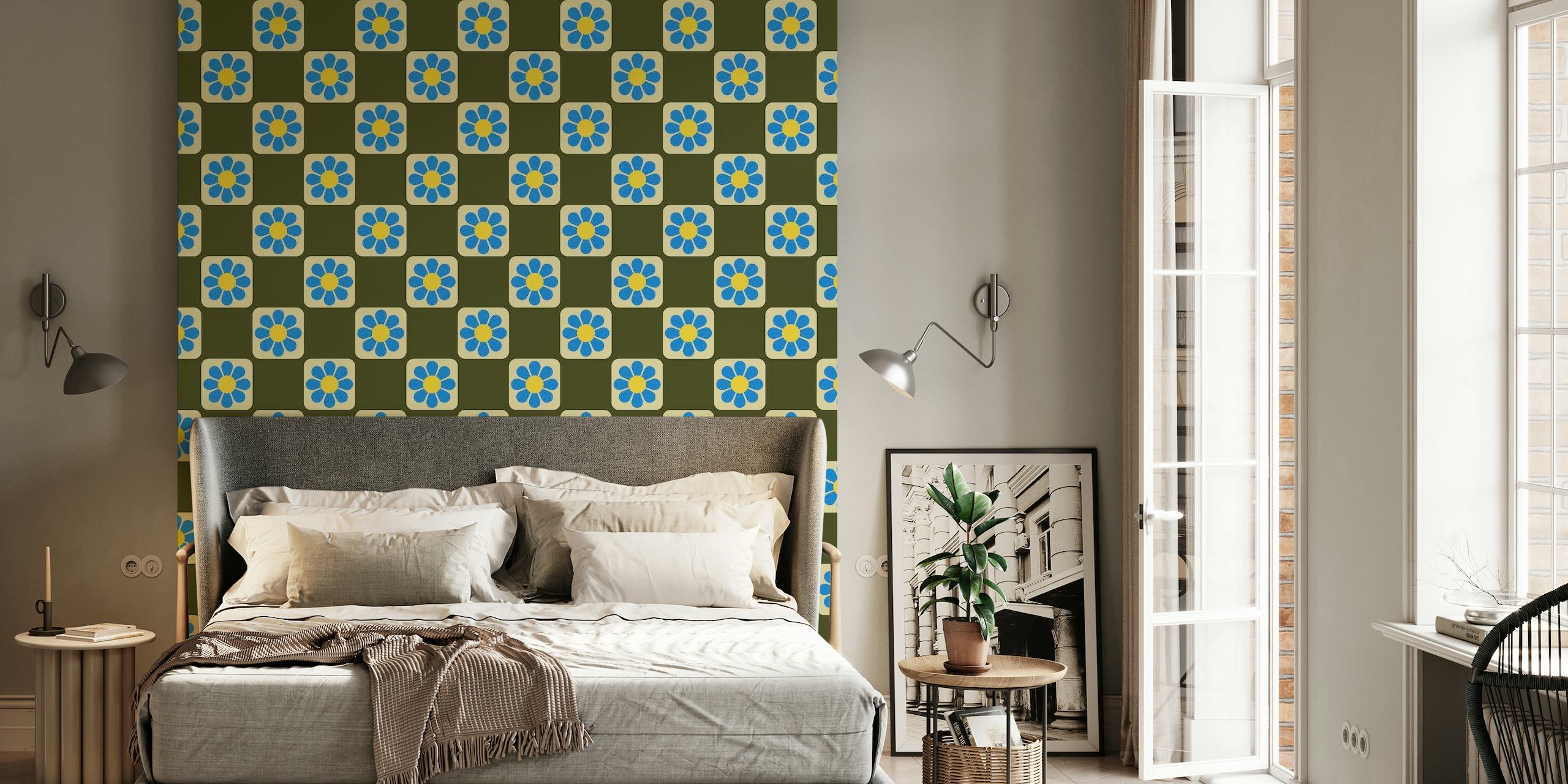 Retro Floral Checkerboard in Green and Blue wallpaper