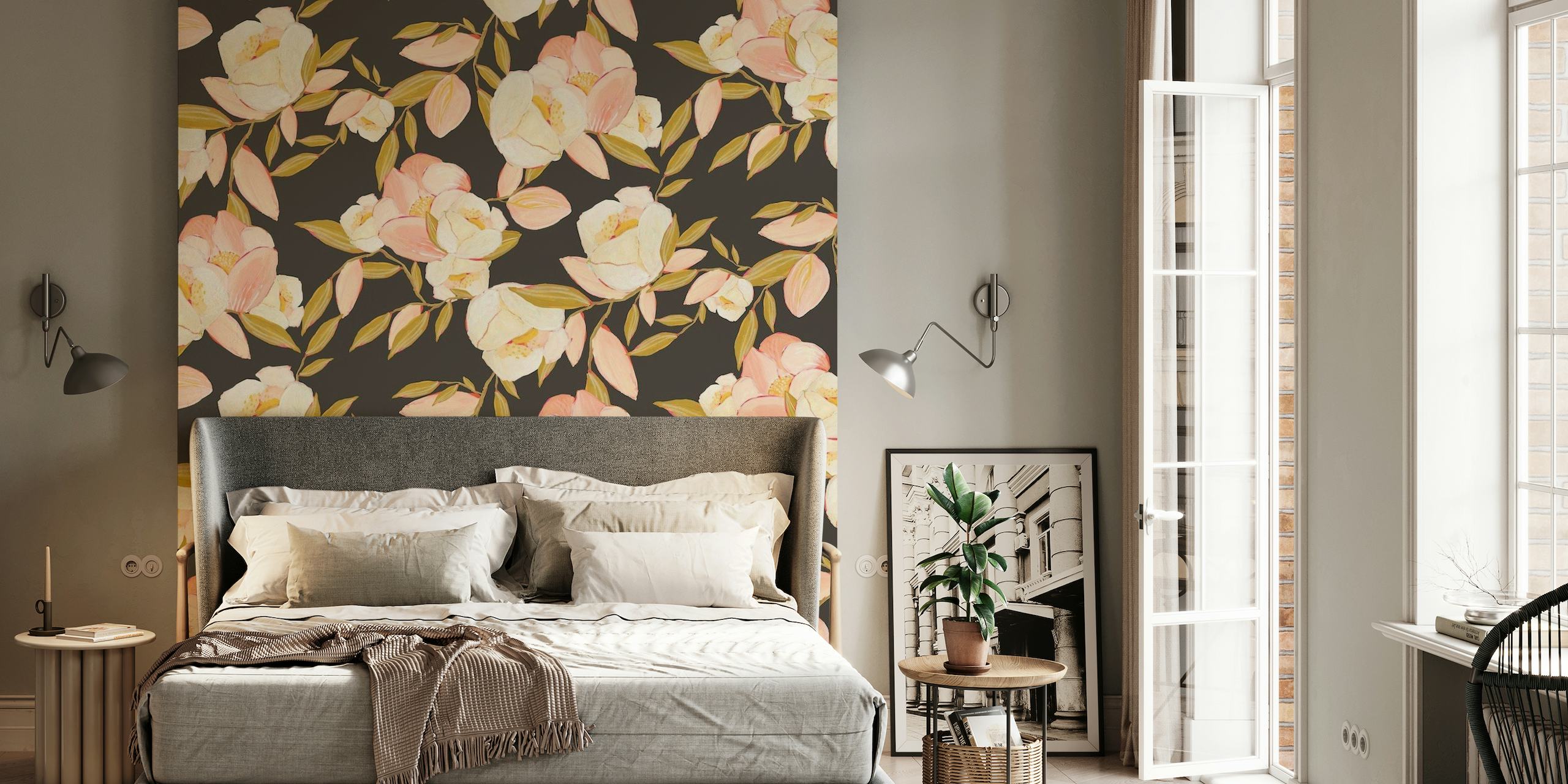 Fotomural vinílico de parede com arranjo floral temperamental com flores em tons pastéis e fundo escuro