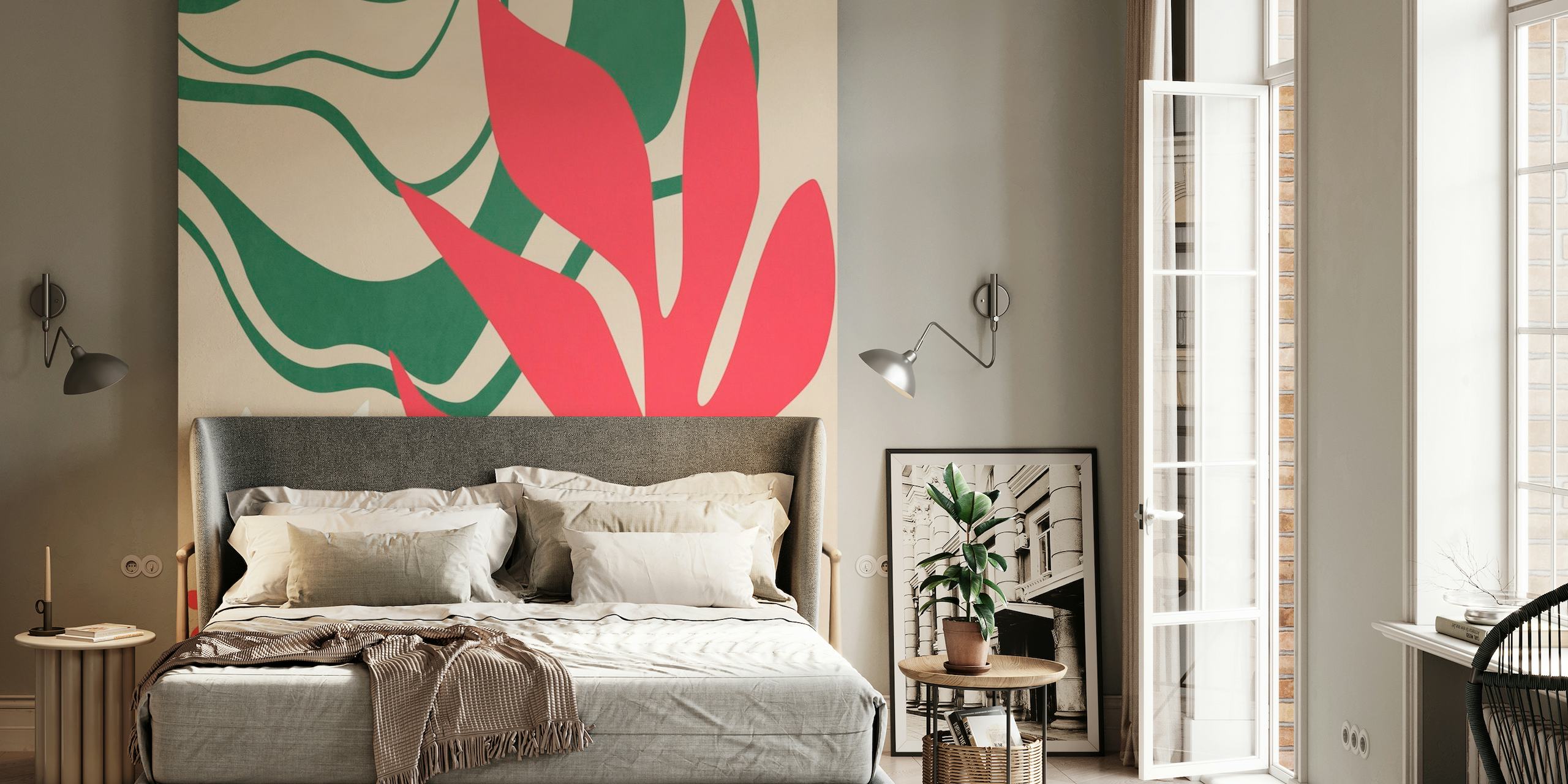 Abstract botanical wall mural with red and green plant illustrations on a neutral background