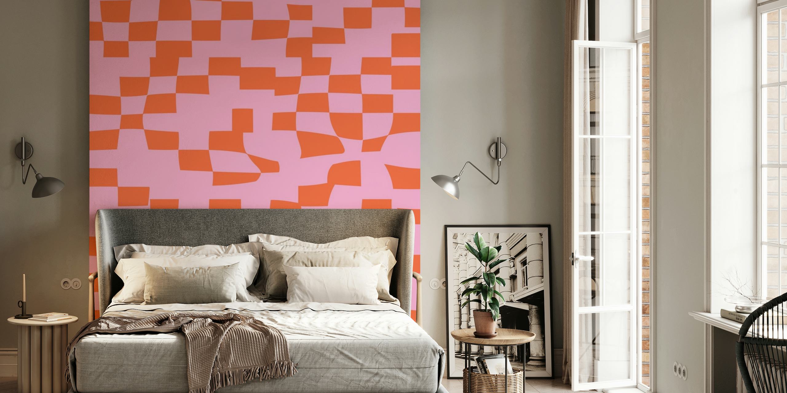 Abstract Checkerboard in Pink and Orange papel pintado