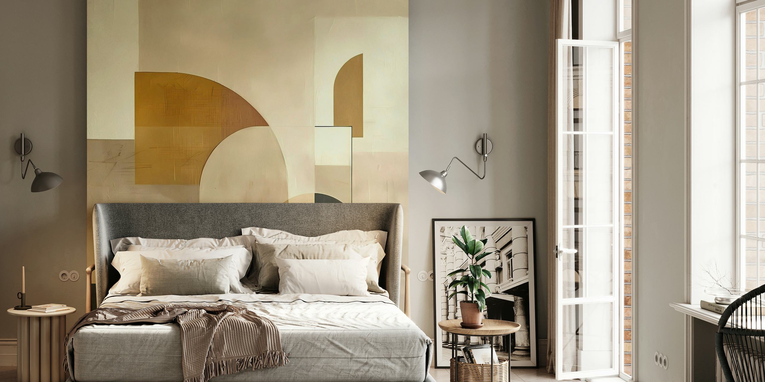 Boho Geometric abstract wall mural with earth tones and soft shapes