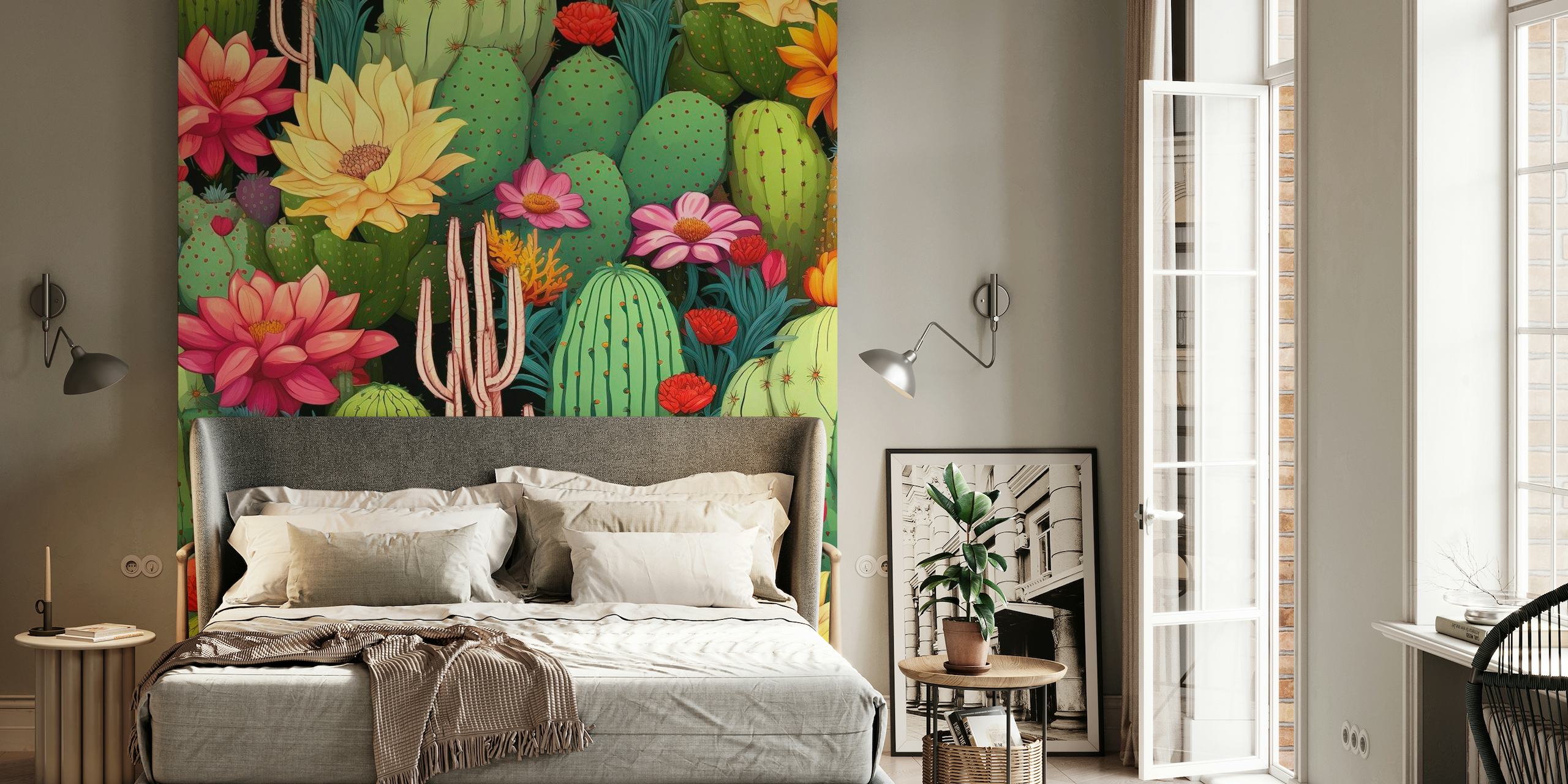Elävä kaktusten ja kukkien seinämaalaus, jossa on erilaisia mehikasveja elävässä koostumuksessa