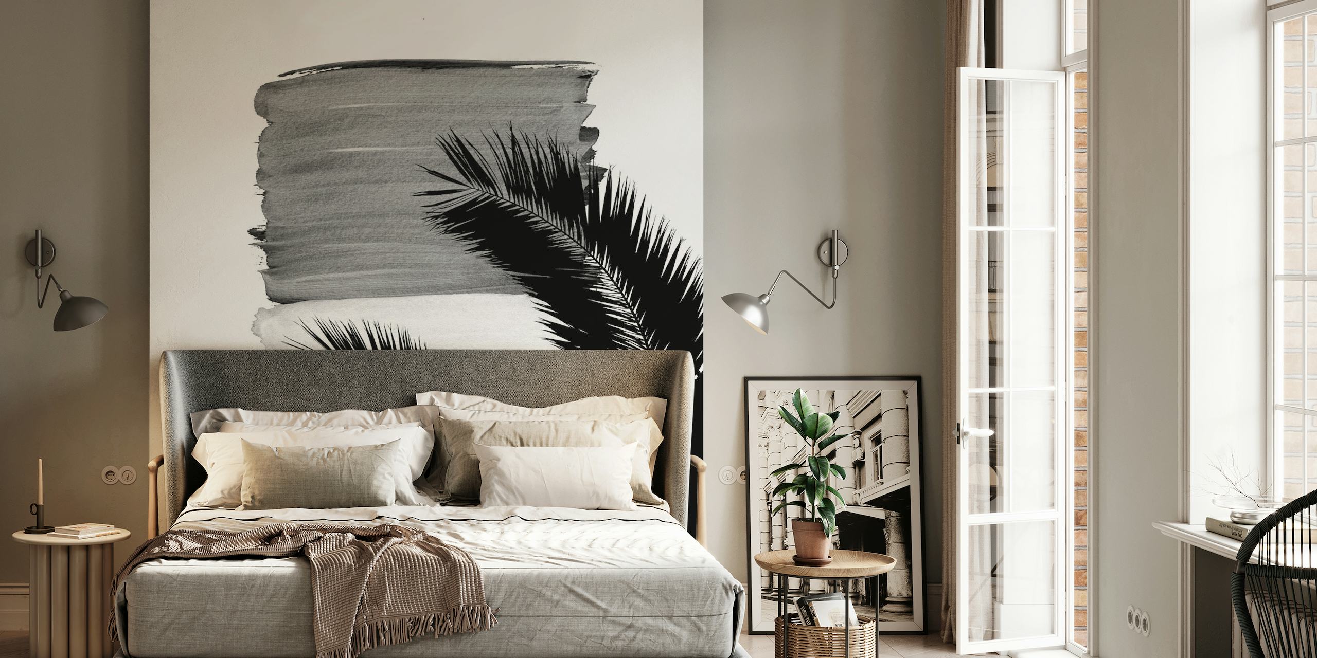 Monochrome abstract mural with palm leaf silhouettes