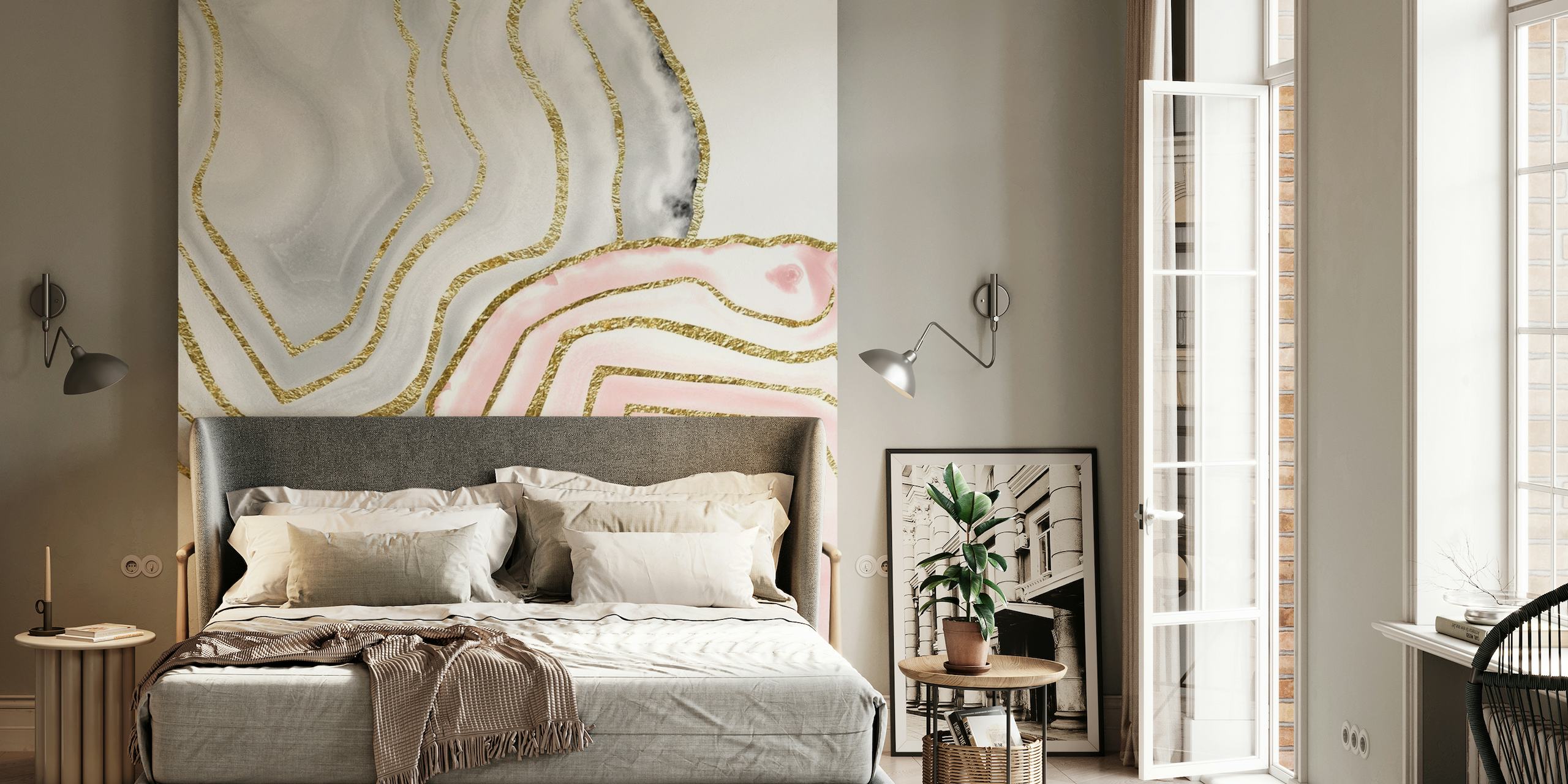 Yin Yang ahat zidna slika s ružičastim i sivim bojama i zlatnim detaljima