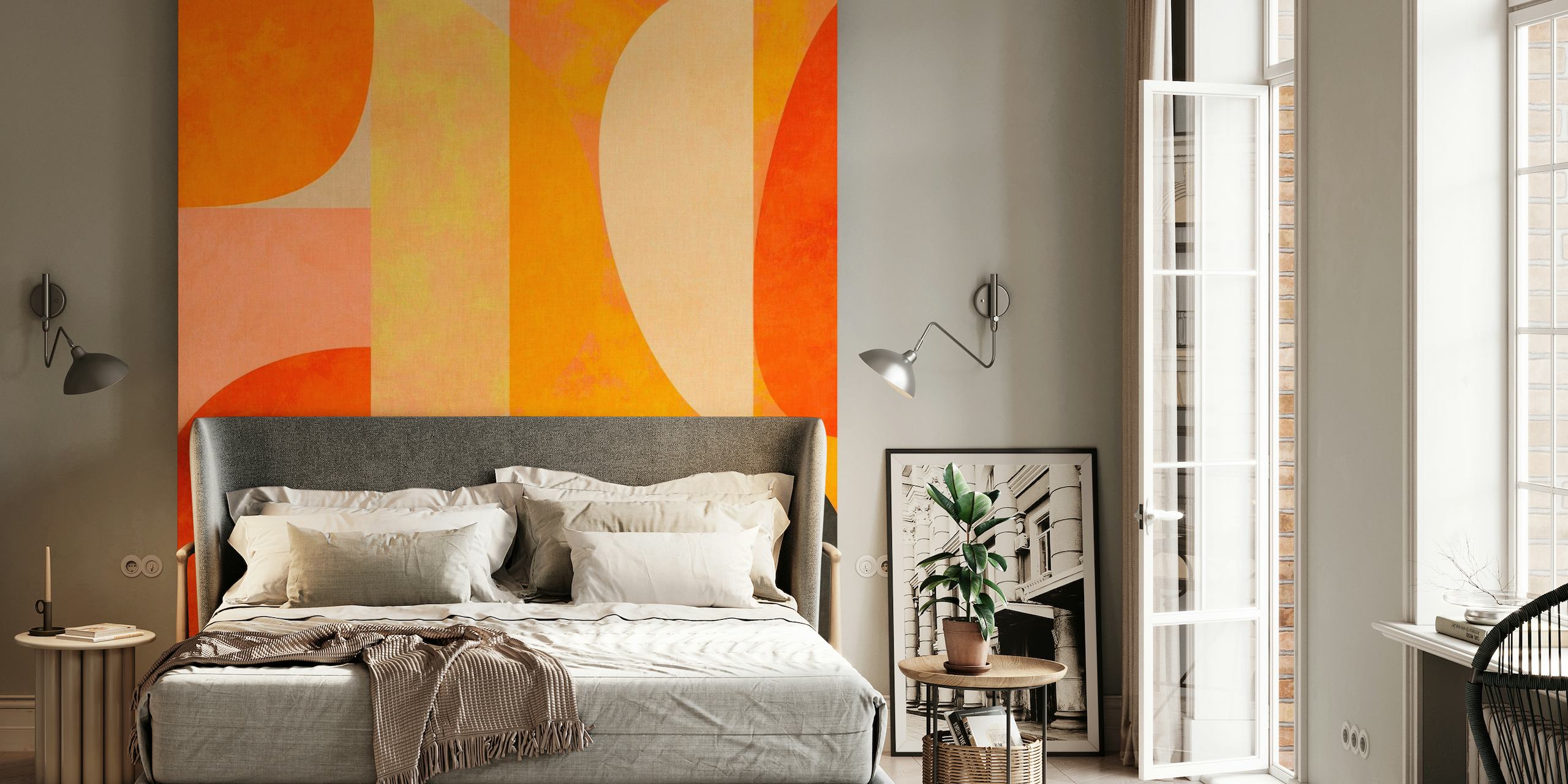 Muurschildering met abstracte geometrische vormen in gebrand oranje, dieprode en aardse tinten met zwarte accenten