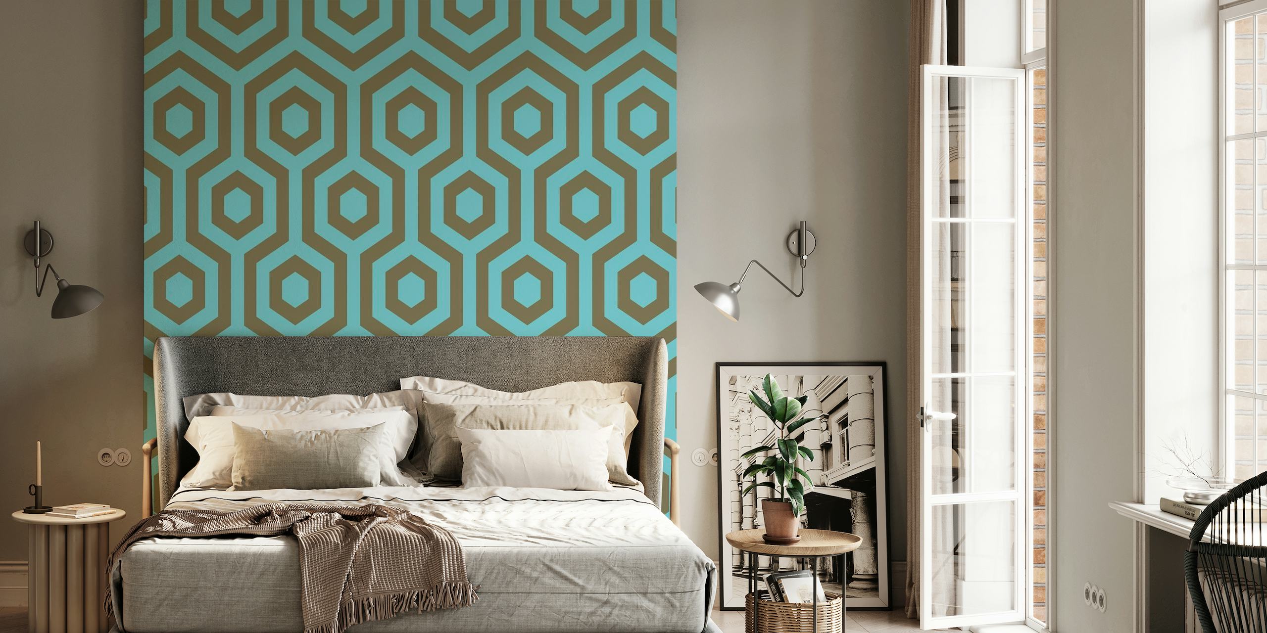 Turquoise Taupe Hexagon Pattern behang