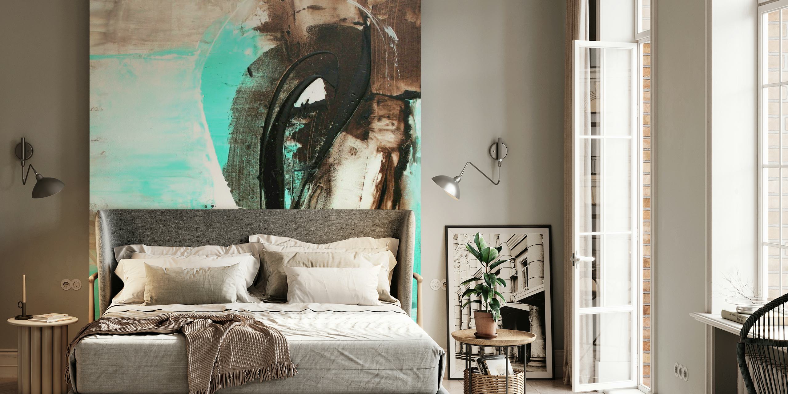 Make The Jump Abstract Art wall mural with teal and brown tones and bold black strokes