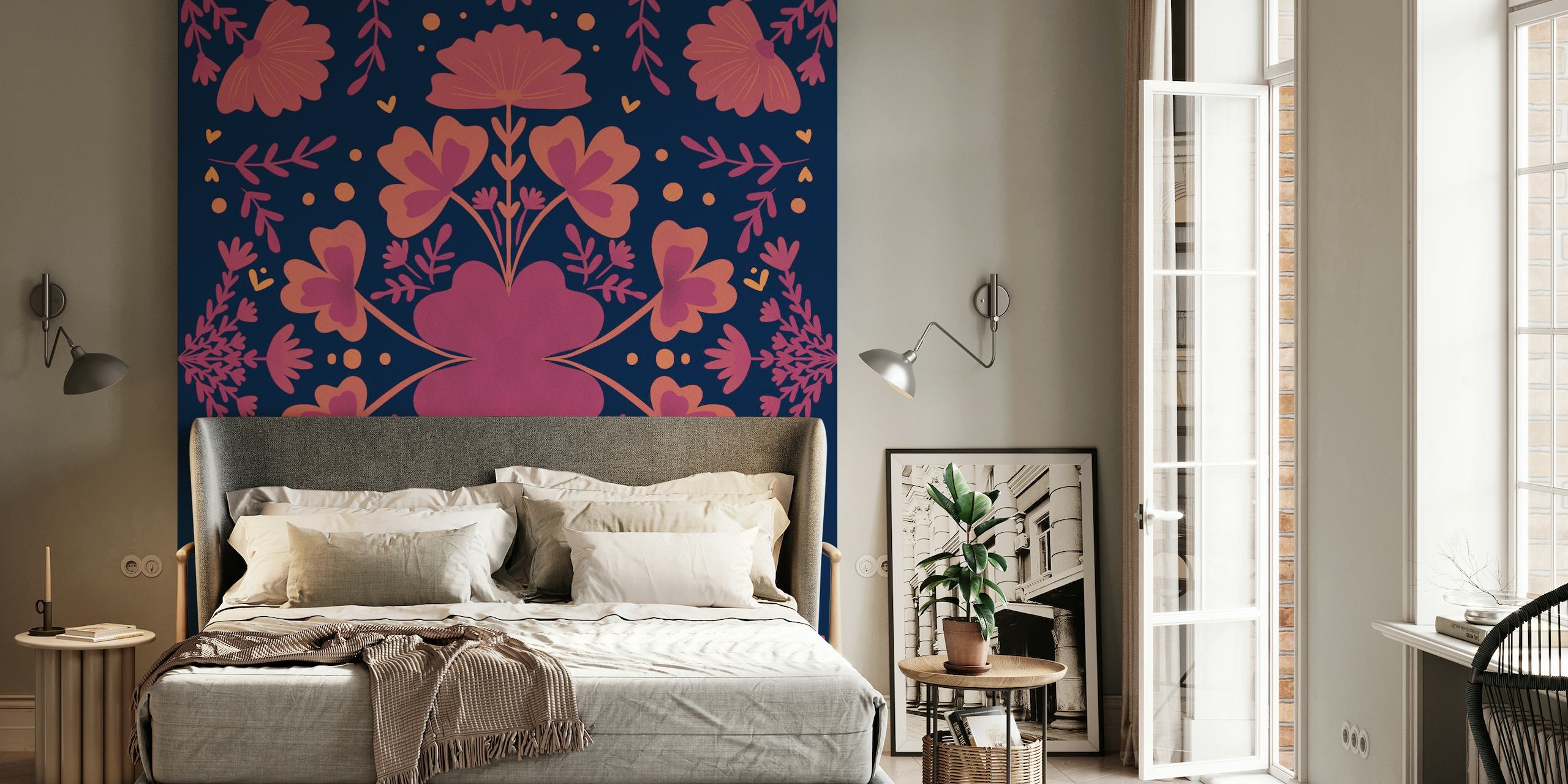 Botanical wall mural with burgundy flowers and clovers on a dark blue background