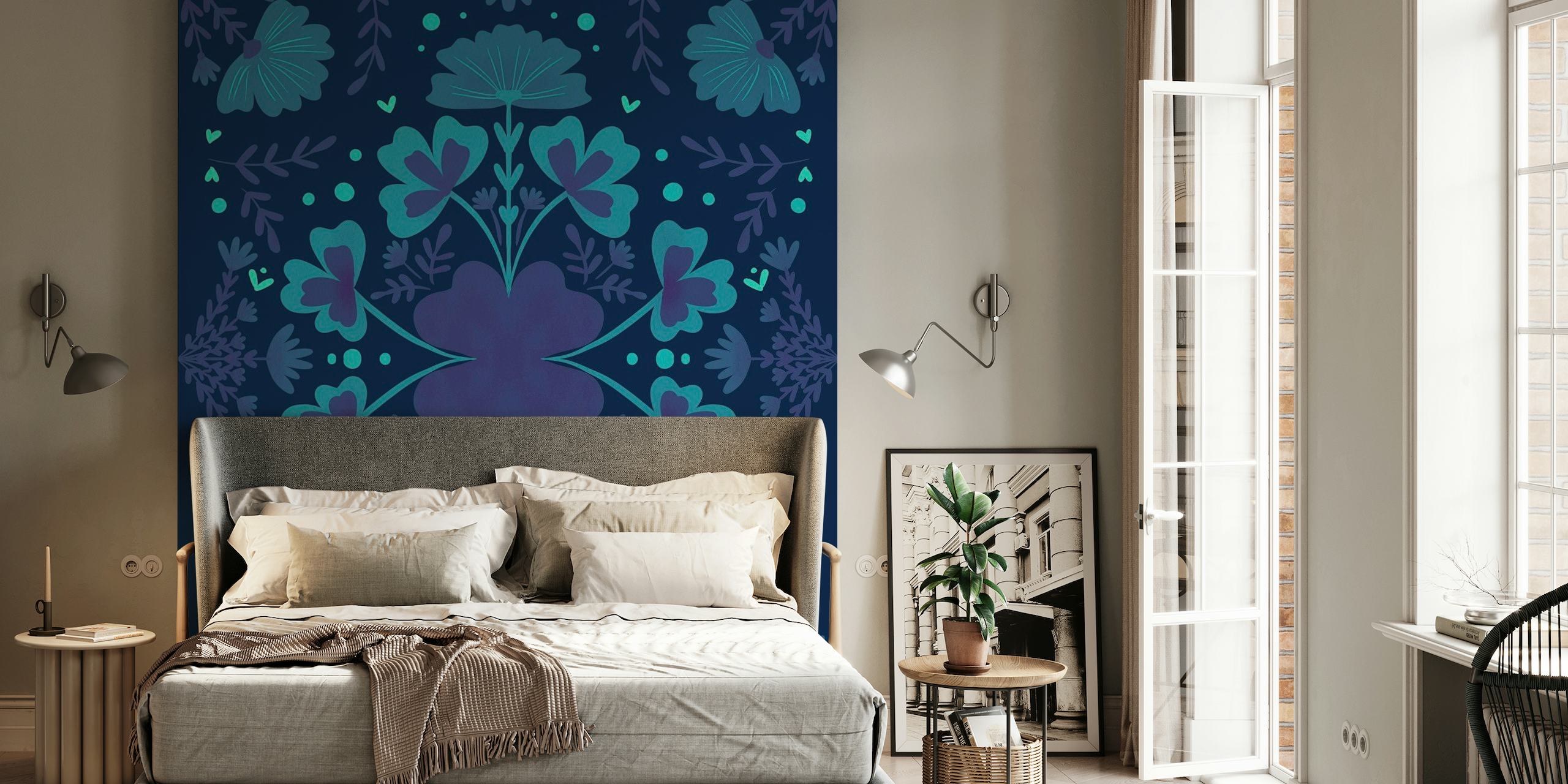Flowers and clovers in blue behang