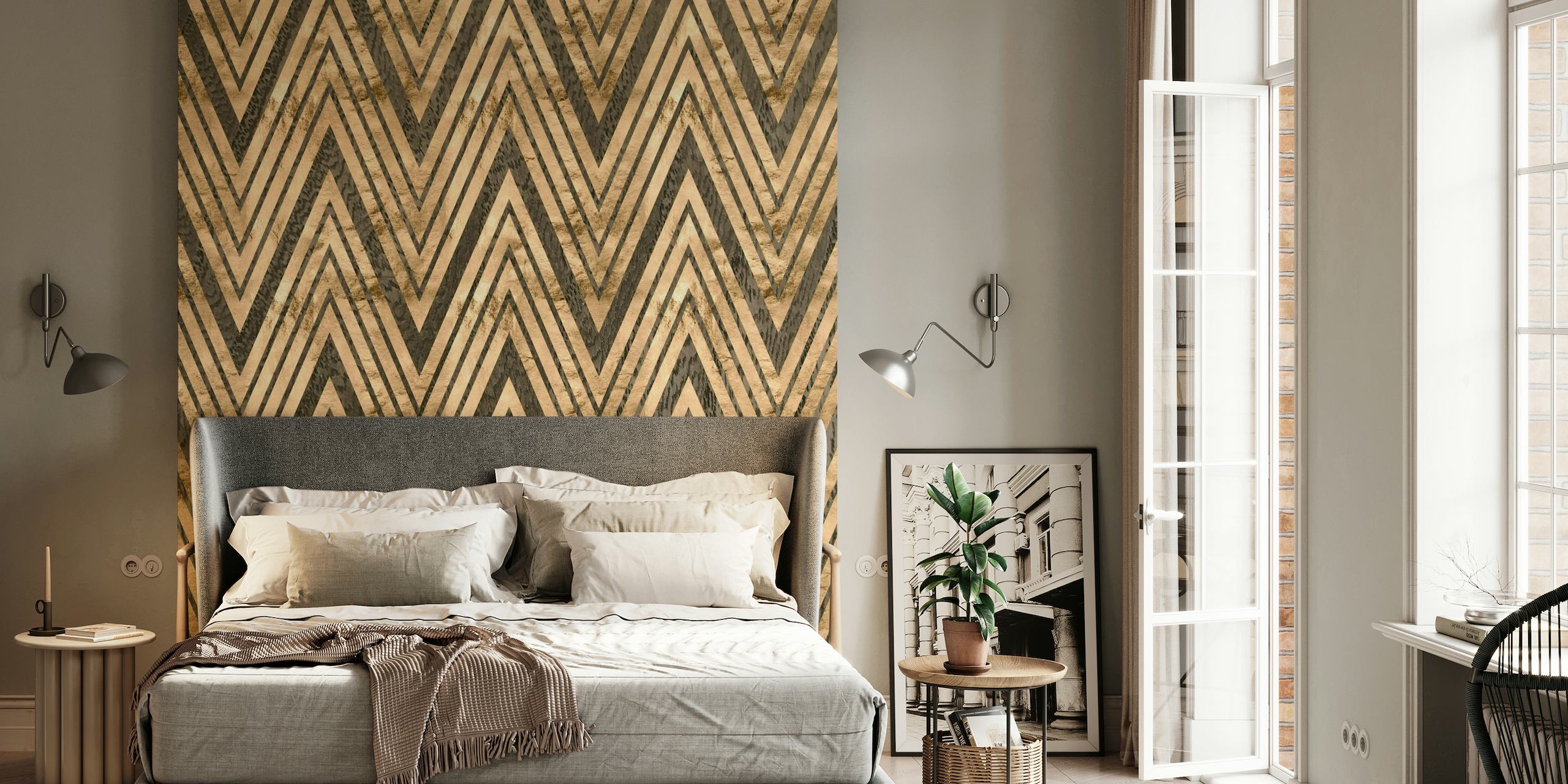 Chevron pattern wall mural in rose gold and dark wood tones for modern interior decor