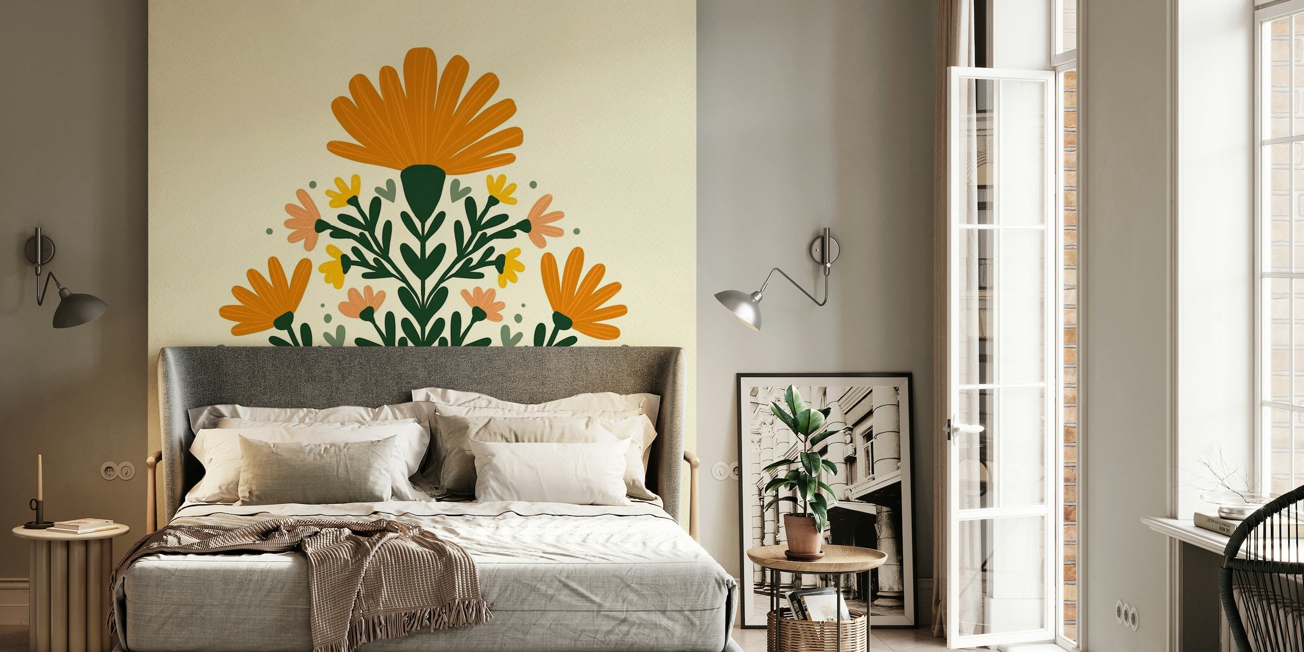 Symmetrical floral bouquet - orange wallpaper