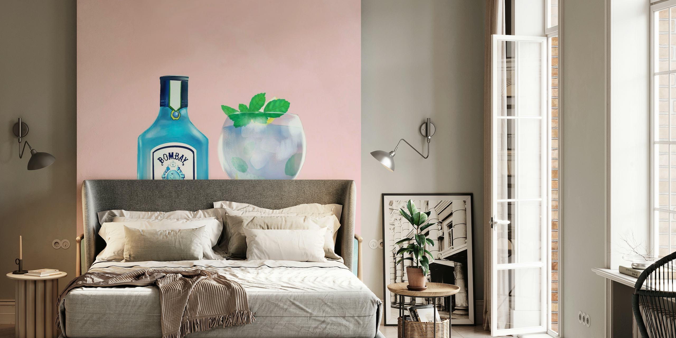 Gin-pullo ja cocktaillasi seinämaalaus sitruuna- ja minttukoristeilla pehmeällä vaaleanpunaisella taustalla