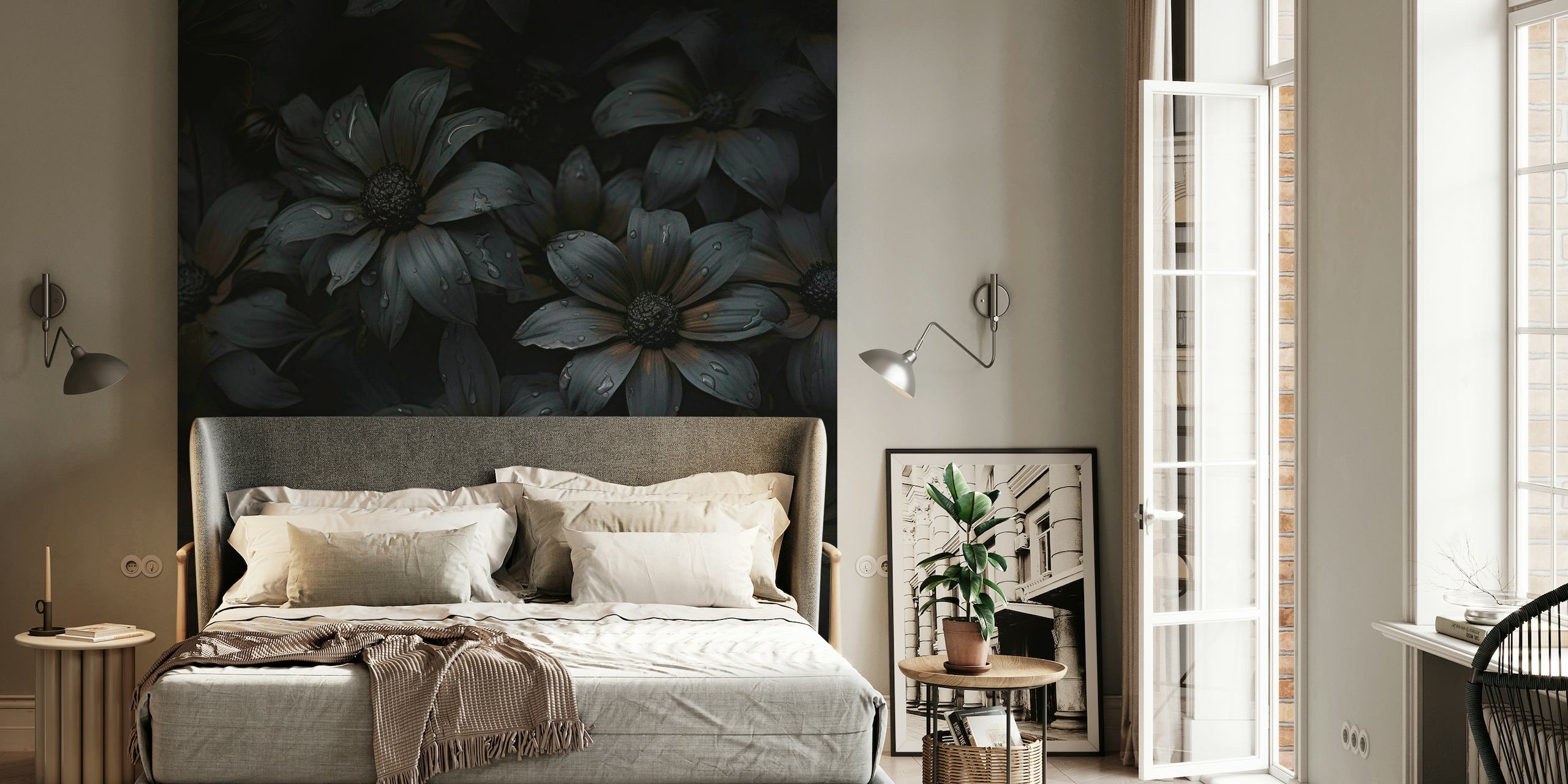 Donkere bloemenmuurschildering met gedetailleerde bloemen in weelderige mijmeringstijl voor interieur