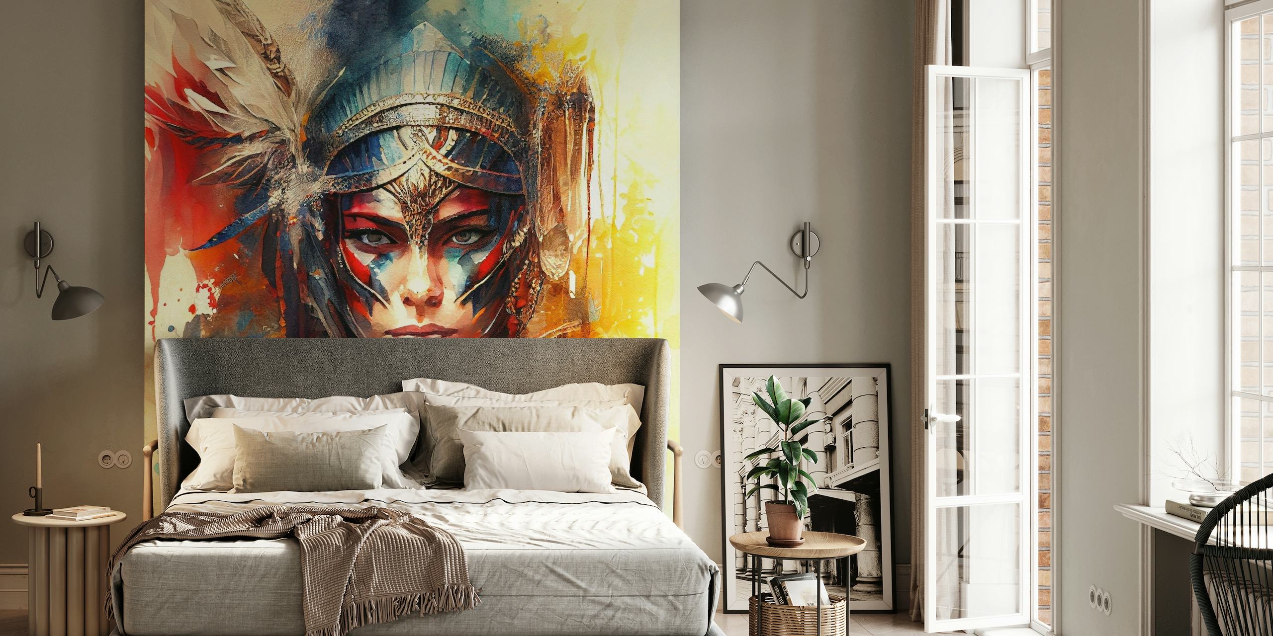 Powerful Warrior Woman wall mural with tribal paint and headdress in watercolor