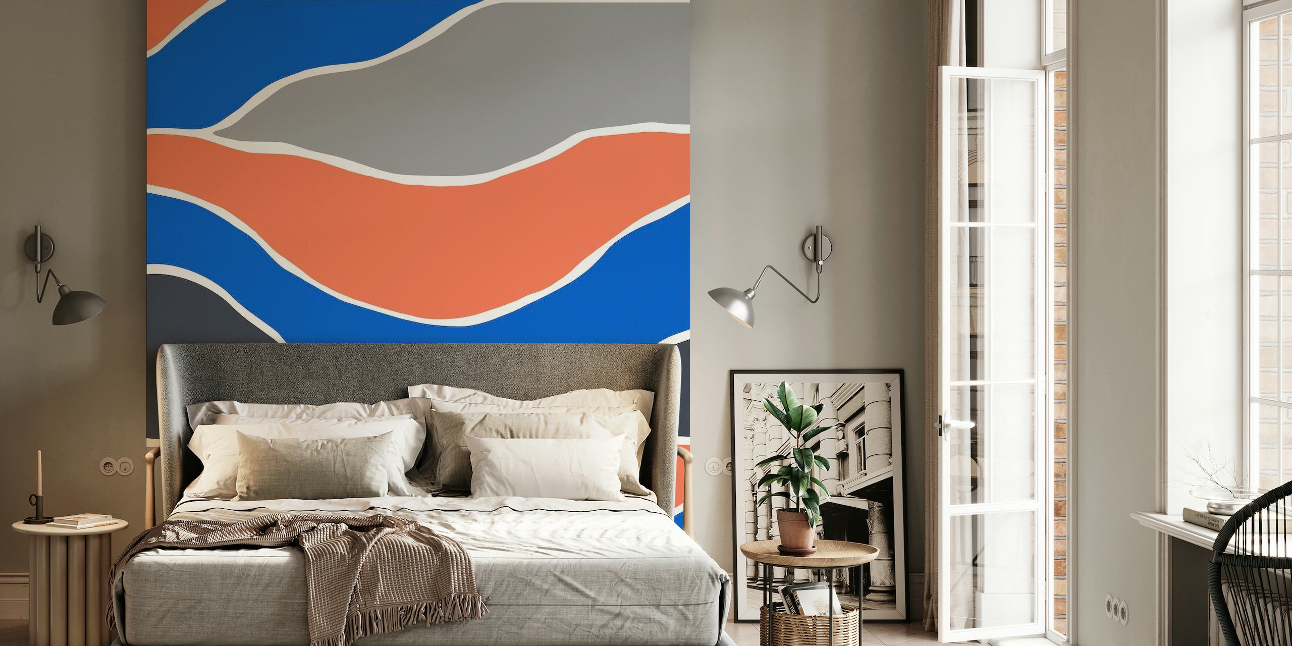 Fototapete Marineblaue und rostorange abstrakte linien auf grauem Hintergrund