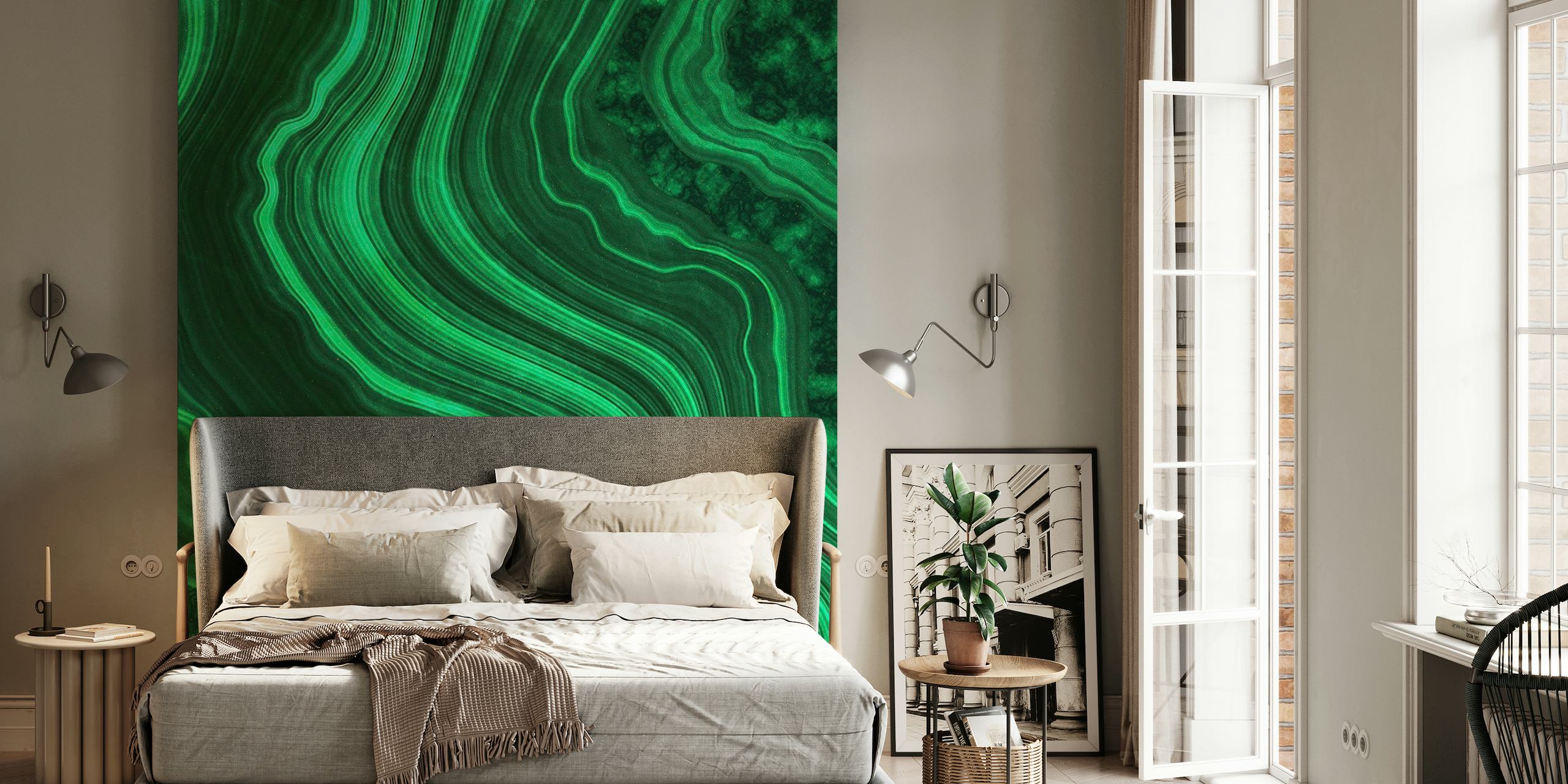 Smaragdgrønn marmortekstur med virvlende mønstre for veggmaleri