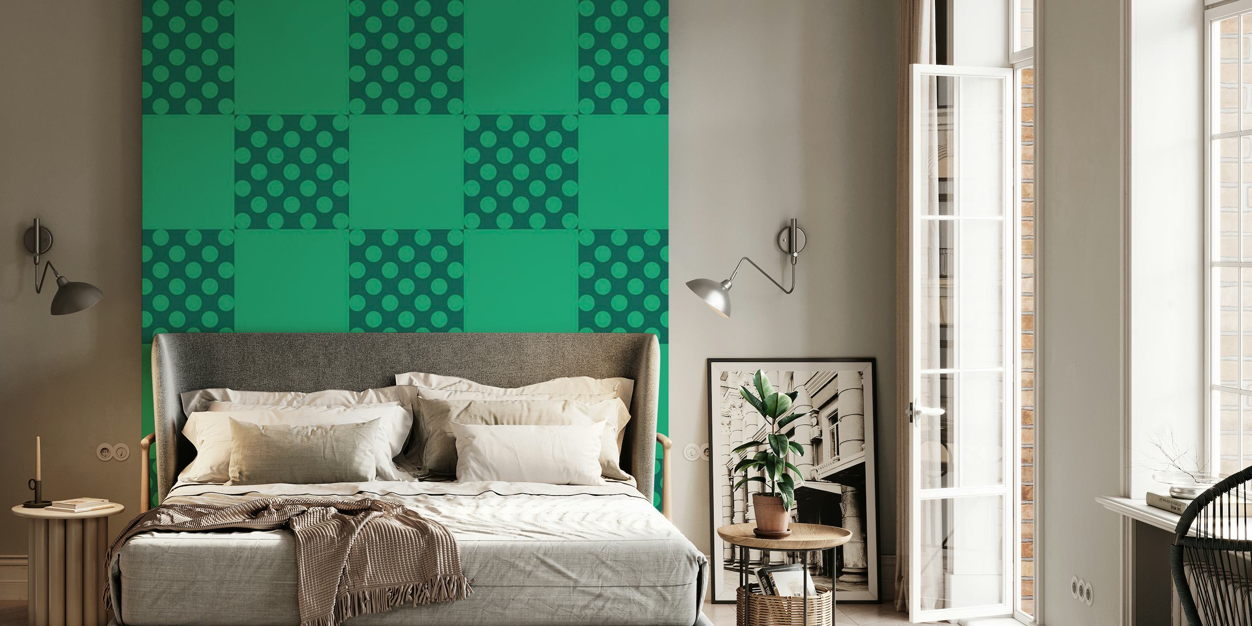 Grünes abstraktes Quadrat- und Tupfenmuster-Wandbild