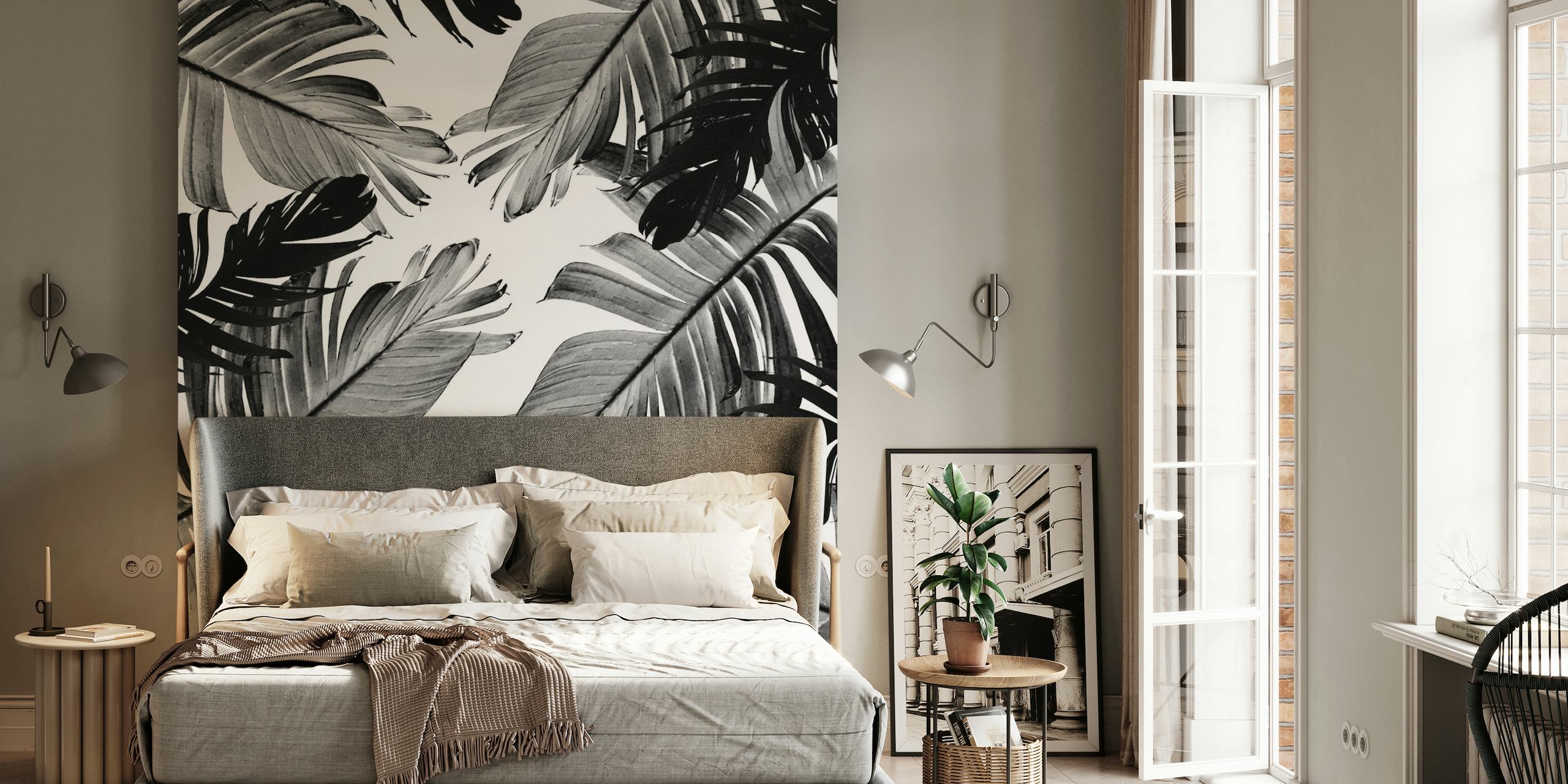 Fotomural vinílico de parede de folhas de bananeira tropical monocromática para decoração de interiores