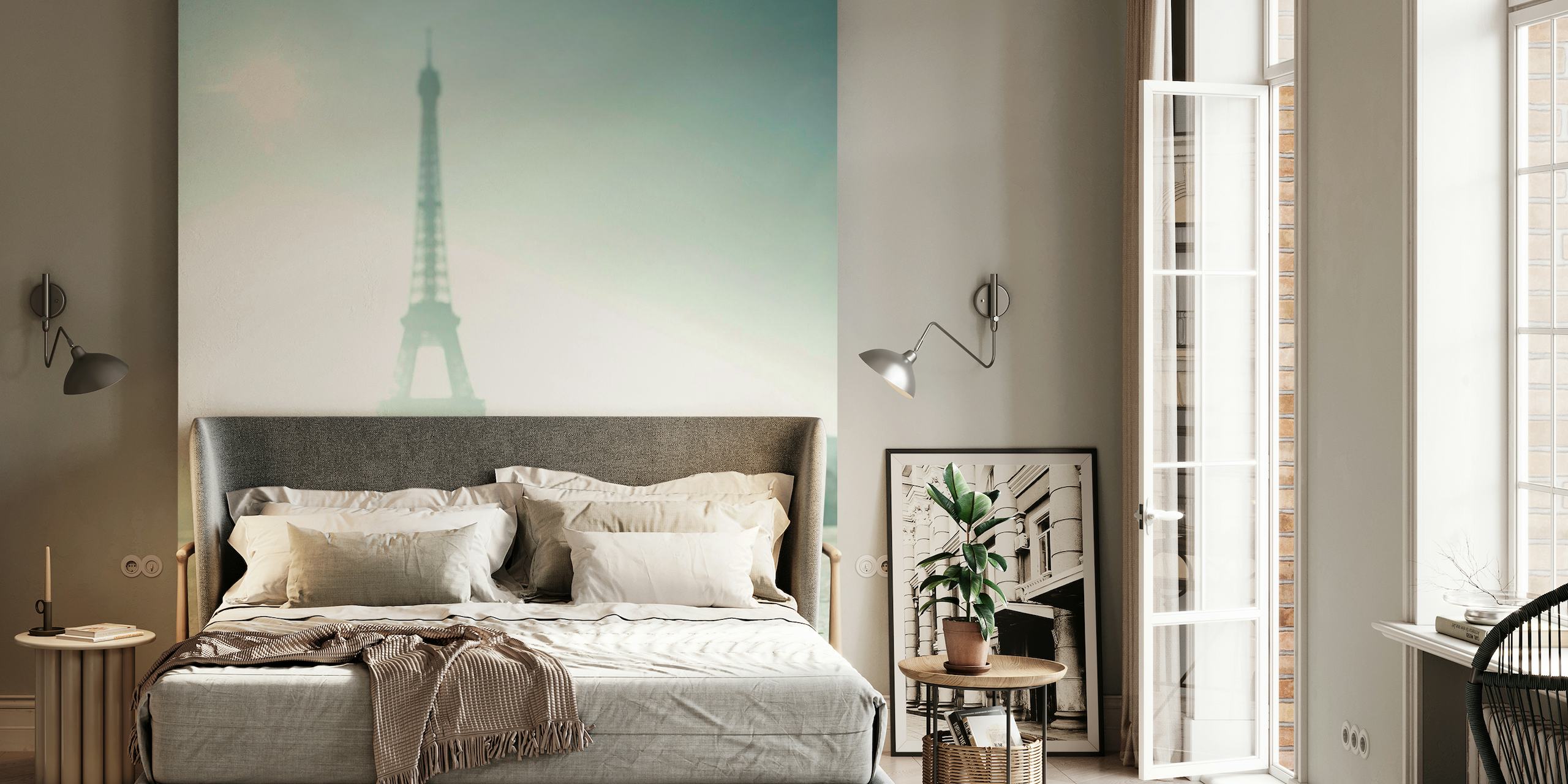 Eiffel Tower backdrop with a bouquet of roses in the foreground wall mural