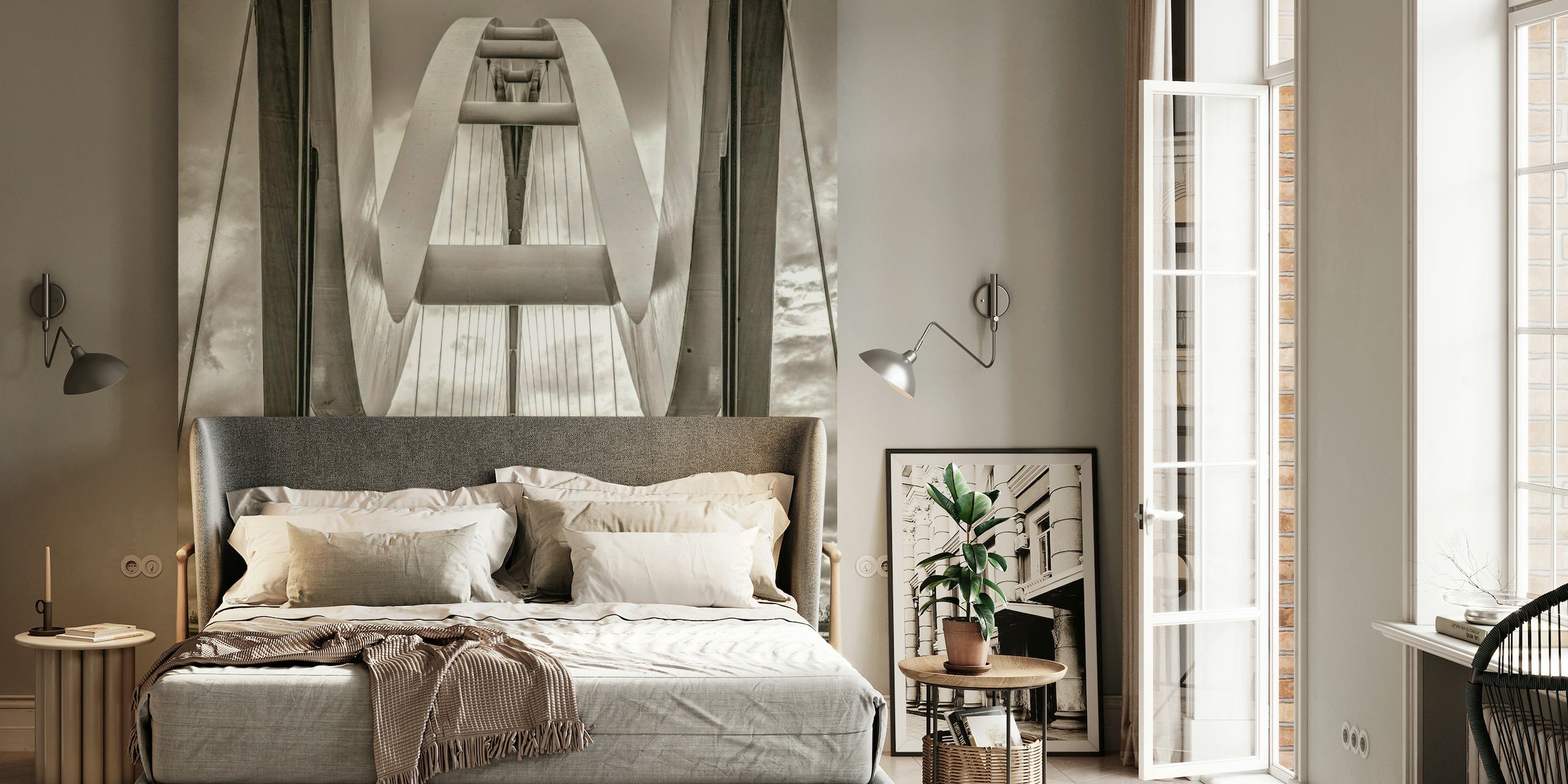 Monochrome Infinity Bridge wall mural in a modern architectural style