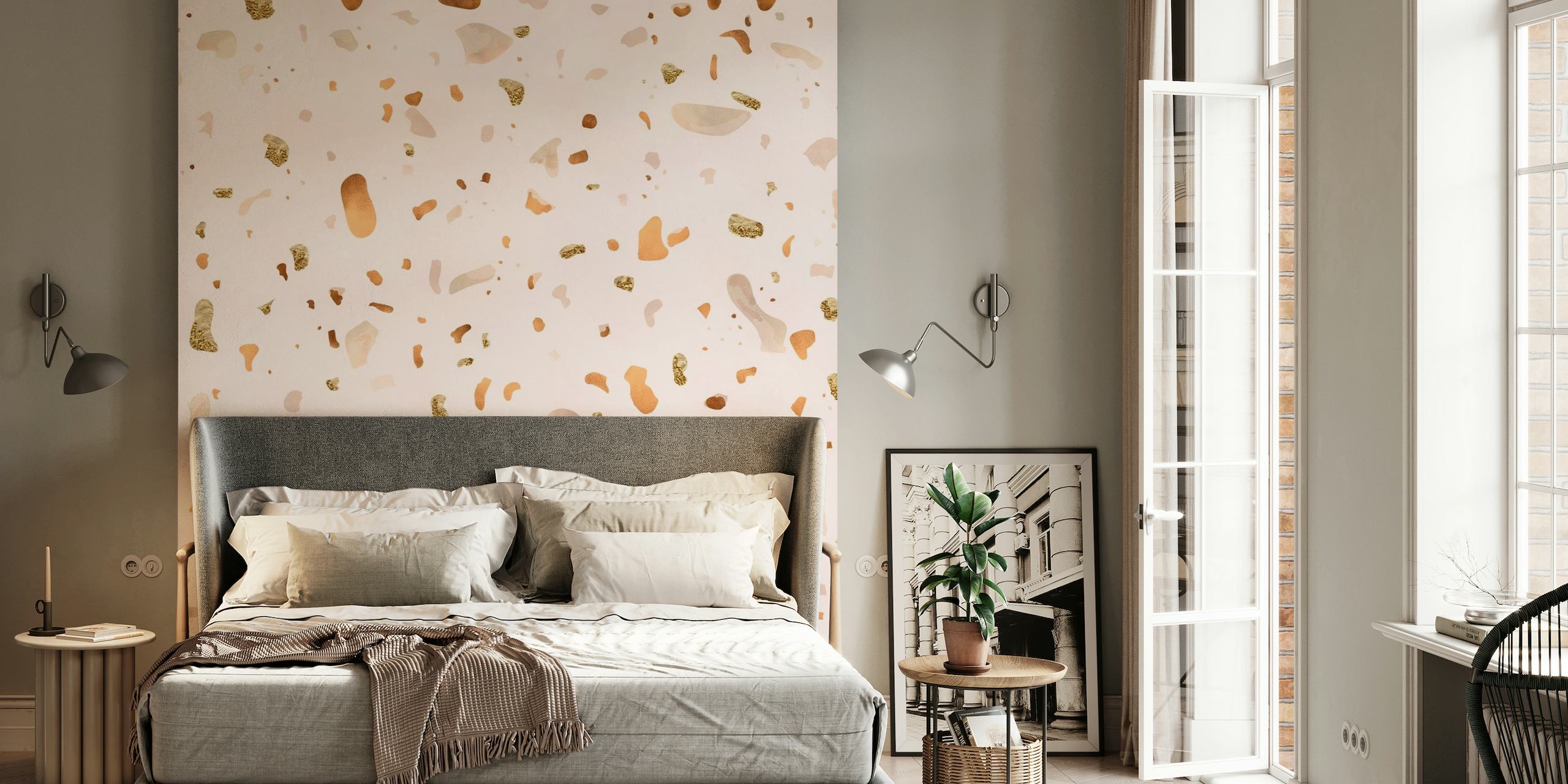Blush pink terrazzo pattern with gold and copper accents wall mural