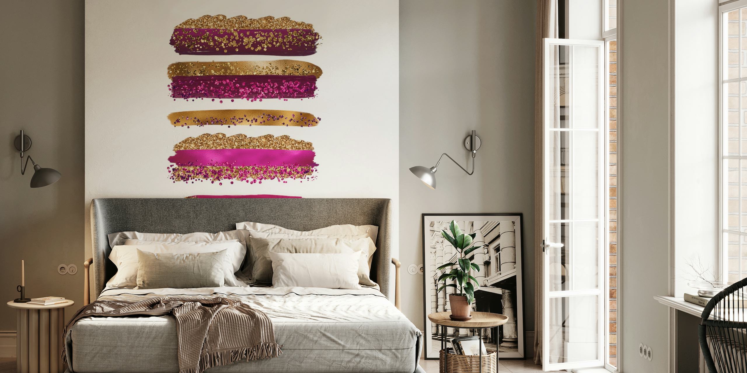 Fotomural vinílico de parede com traços de metal roxo dourado e texturas cintilantes