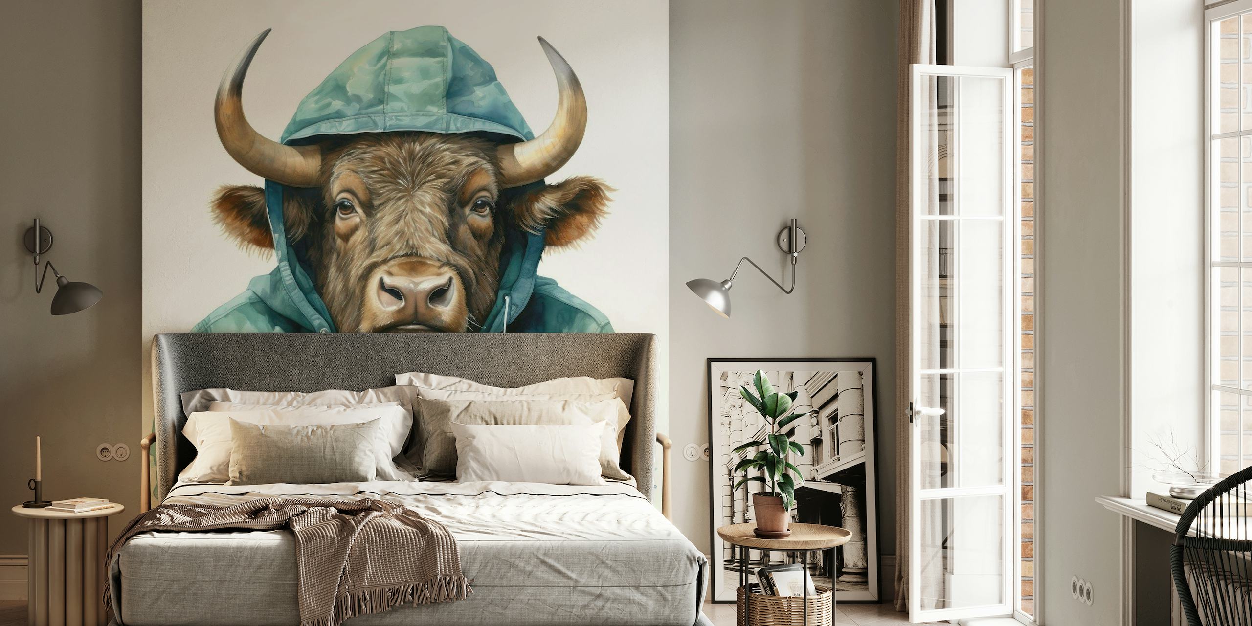 Watercolor Cartoon Buffalo in a Hoodie papel de parede