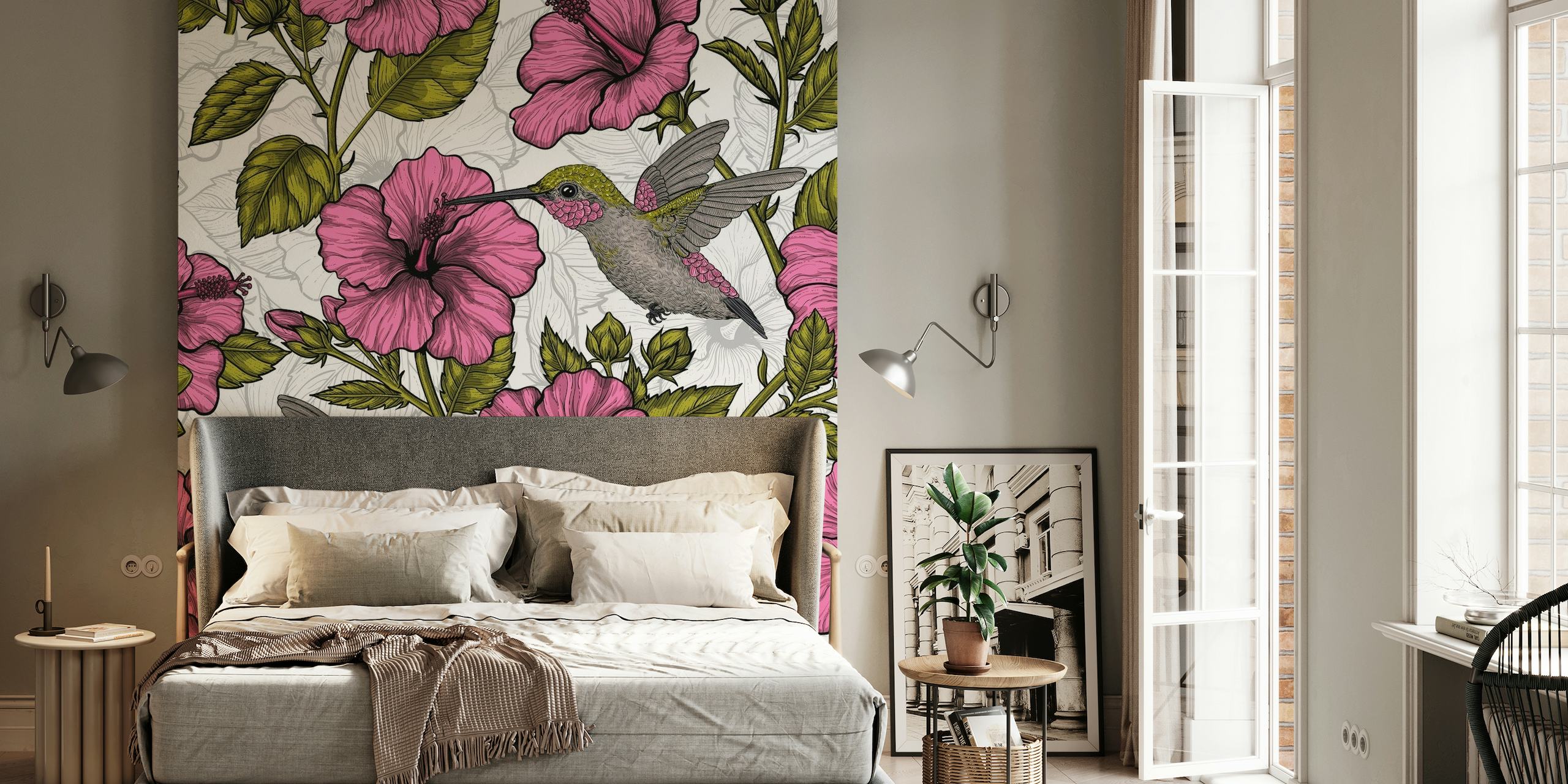 Ružičasto cvijeće hibiskusa i dizajn zidnog murala u obliku kolibrića