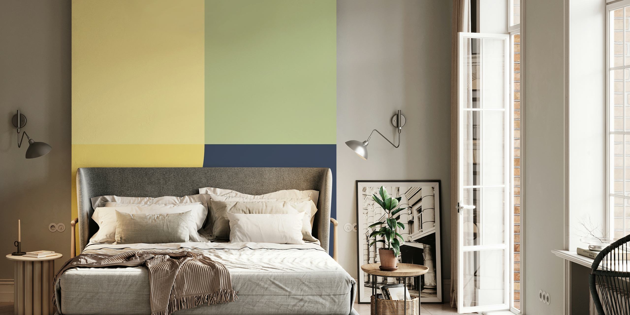 Moderne 07 abstrakt geometrisk vægmaleri med cremefarvede, salviegrønne og marineblå nuancer