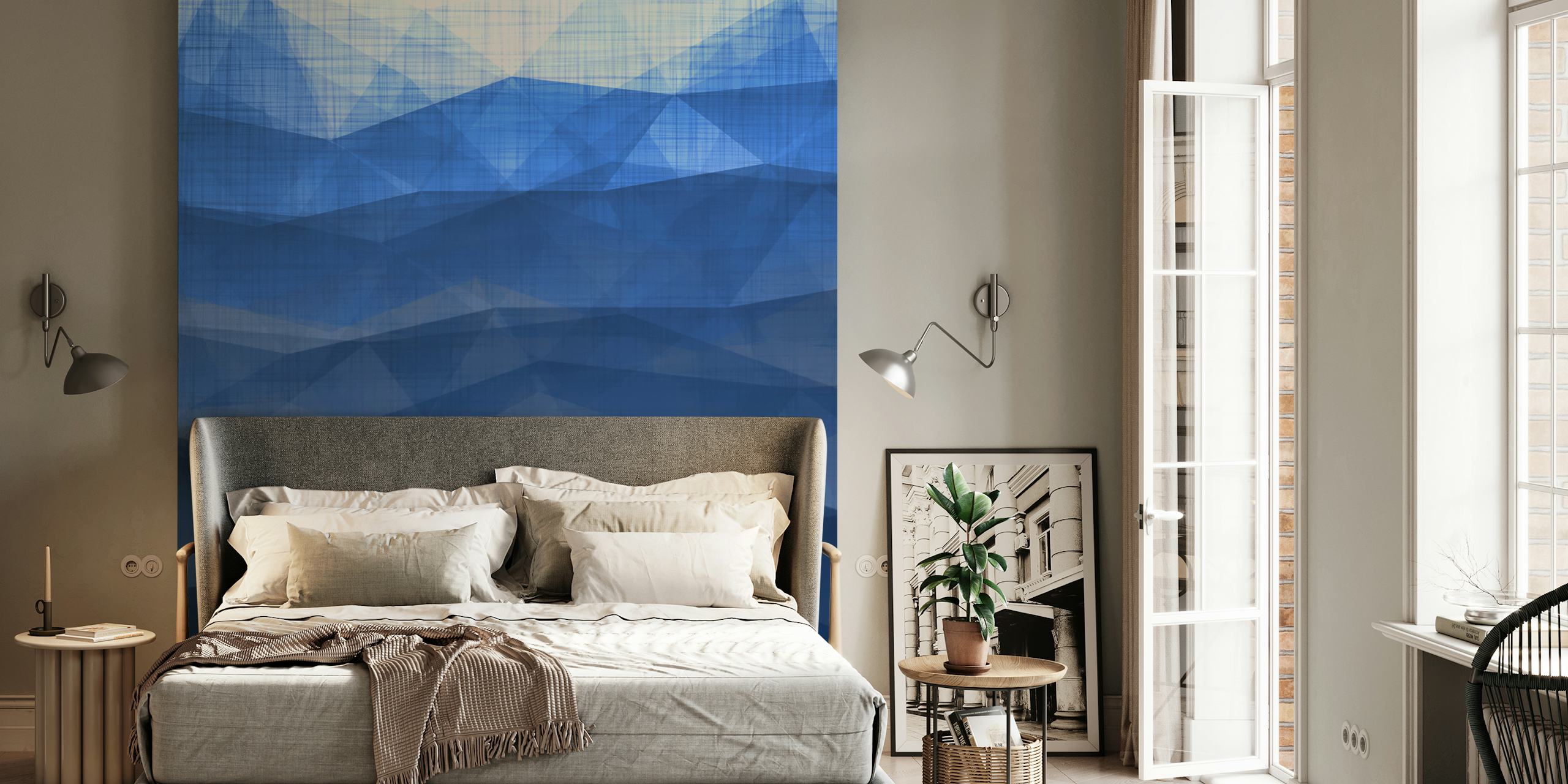 Blue abstract geometric wallpaper featuring layered patterns