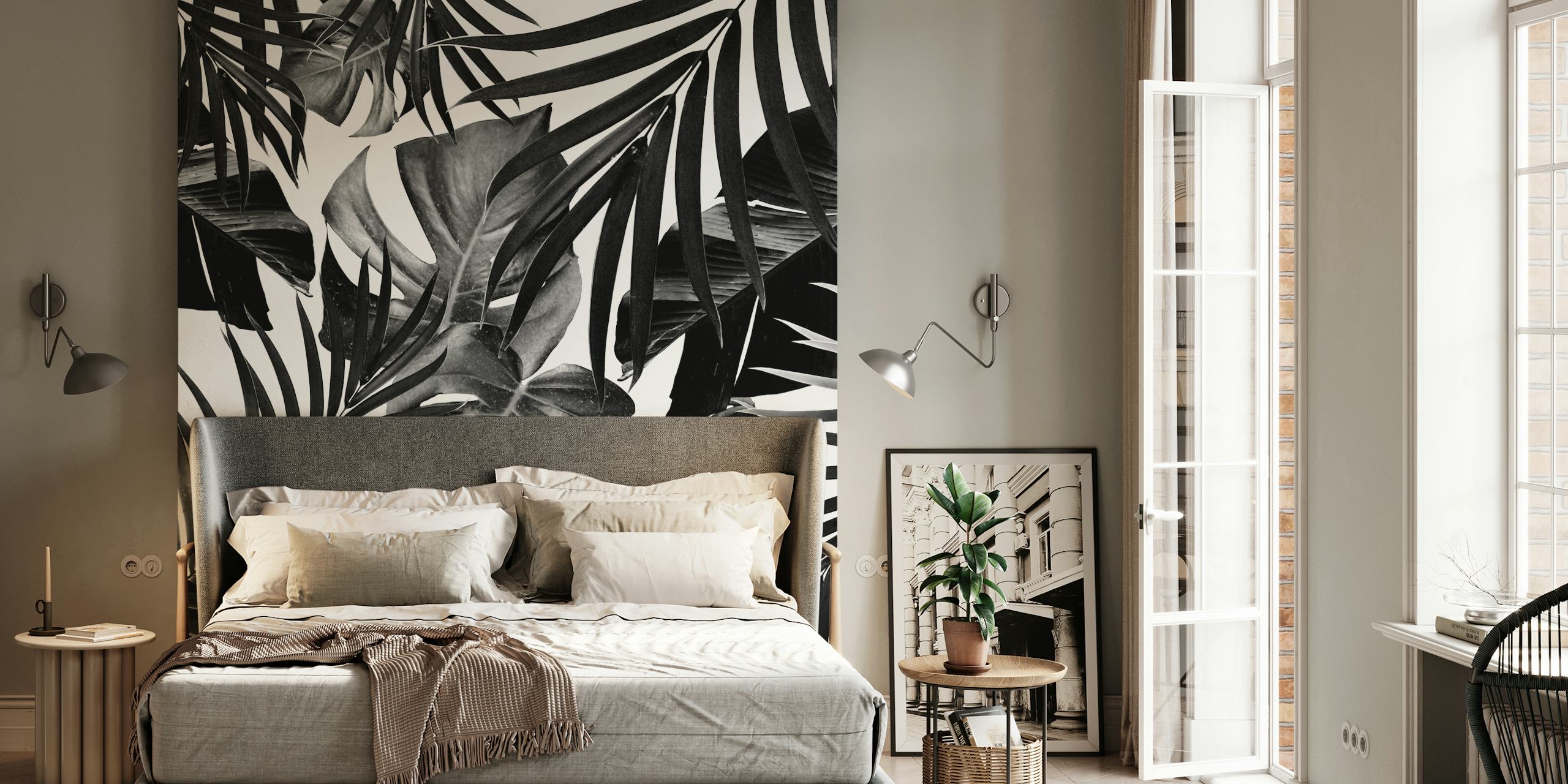 Black and white tropical leaves wallpaper