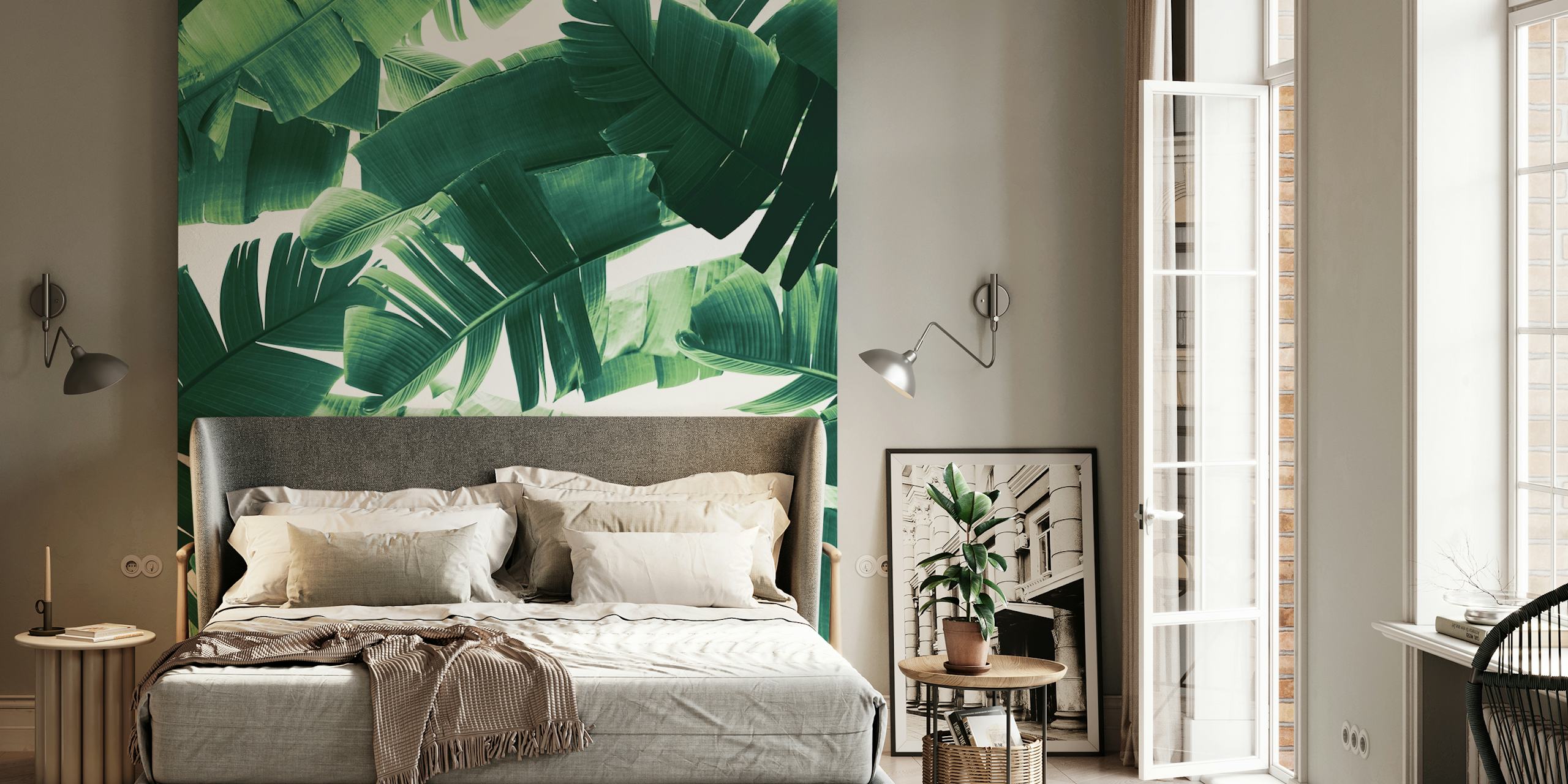 Tropical banana leaves in various shades of green wallpaper