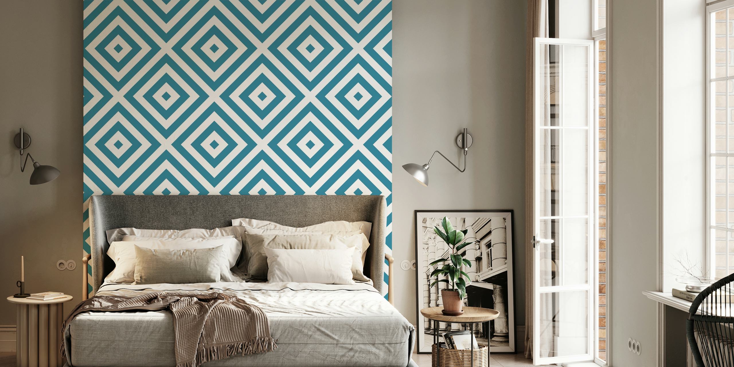 Geometric teal and white squares wallpaper in a room