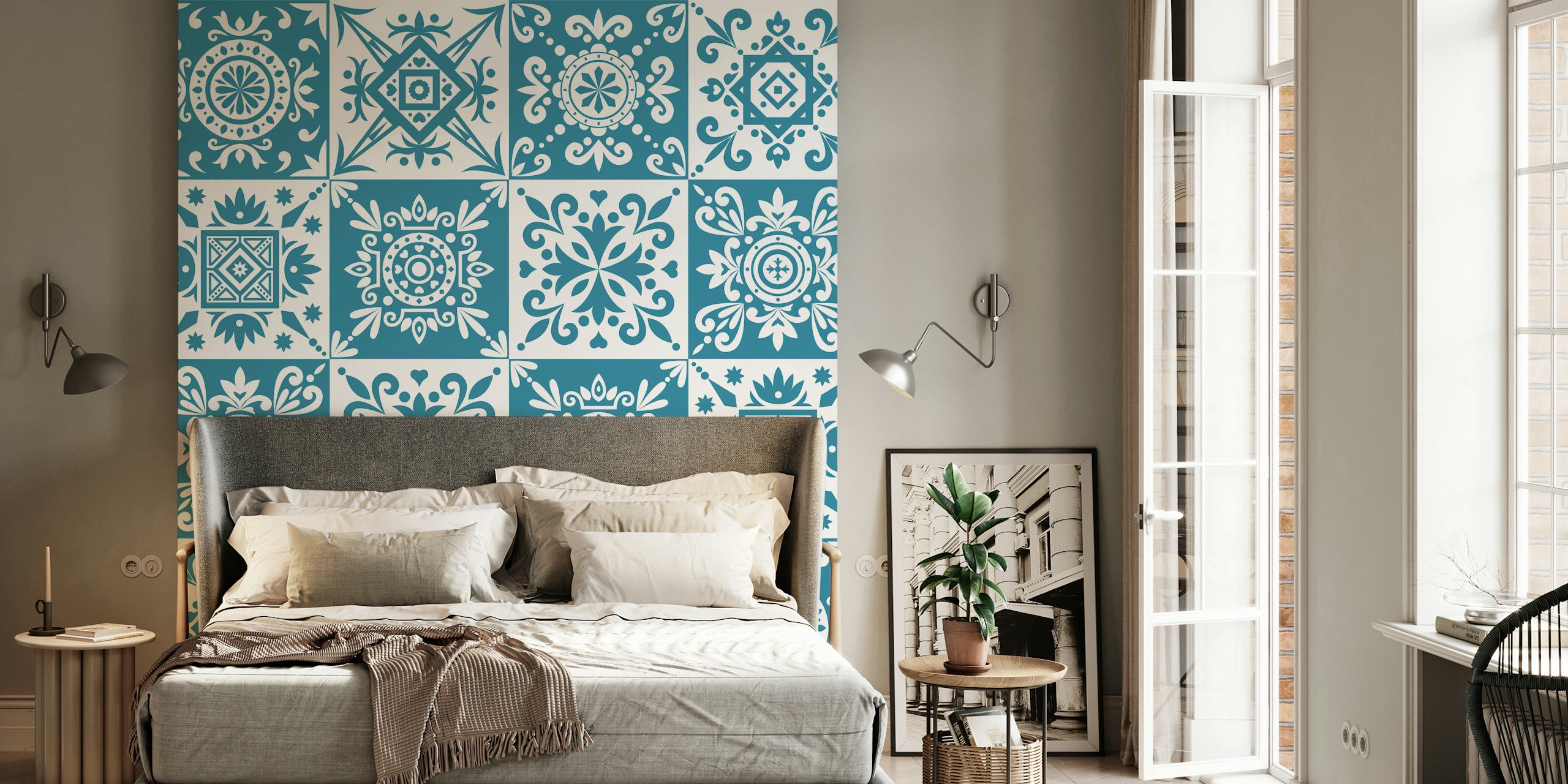 Alhambra-inspired white and teal geometric pattern wall mural