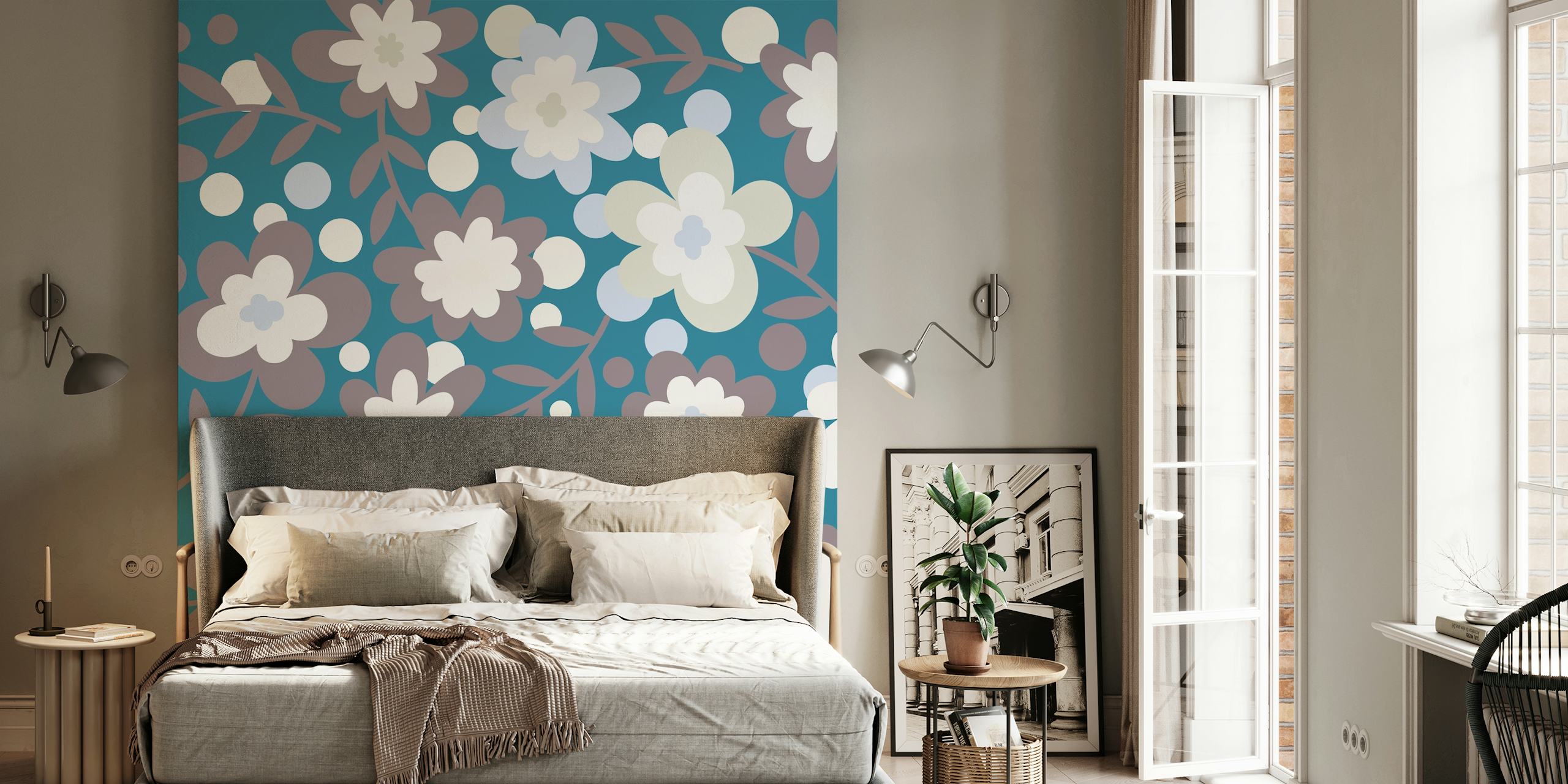 Floral pattern in teal, grey and white colors wallpaper