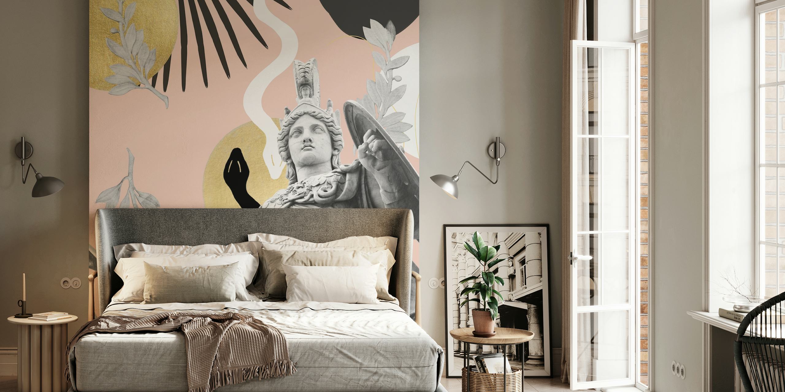 Pink Athena statue wallpaper with gold accents and black patterns