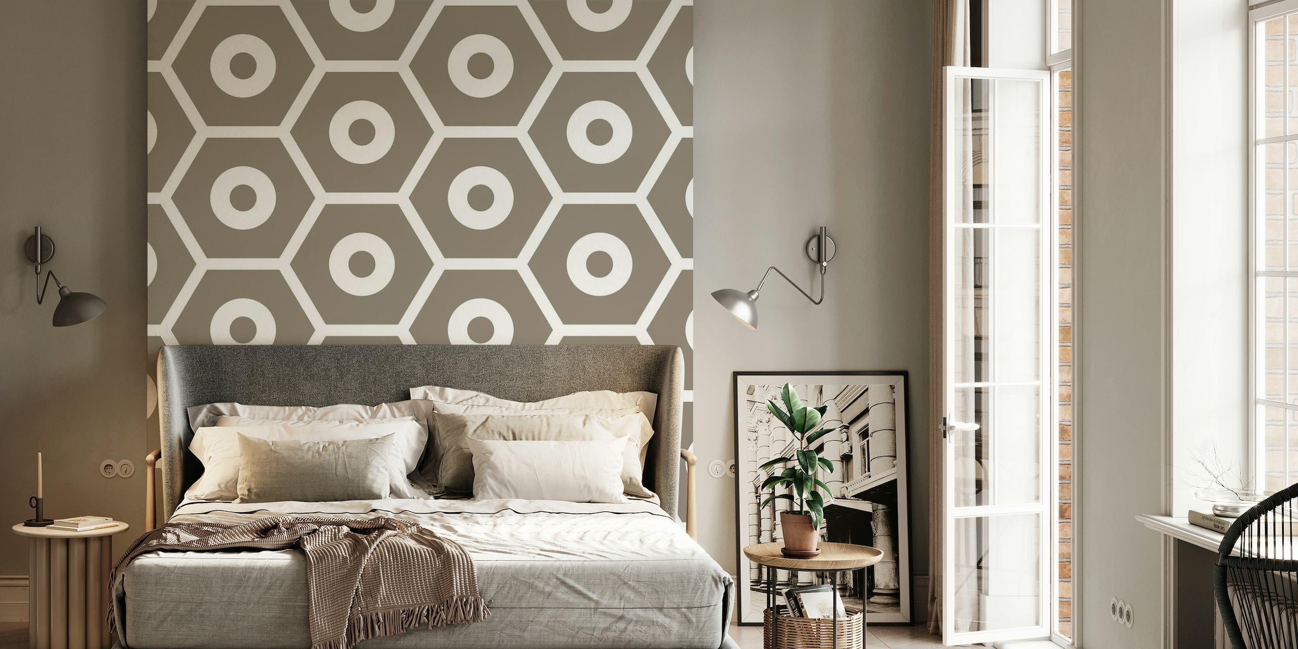 Taupe White Hexagon Pattern wallpaper