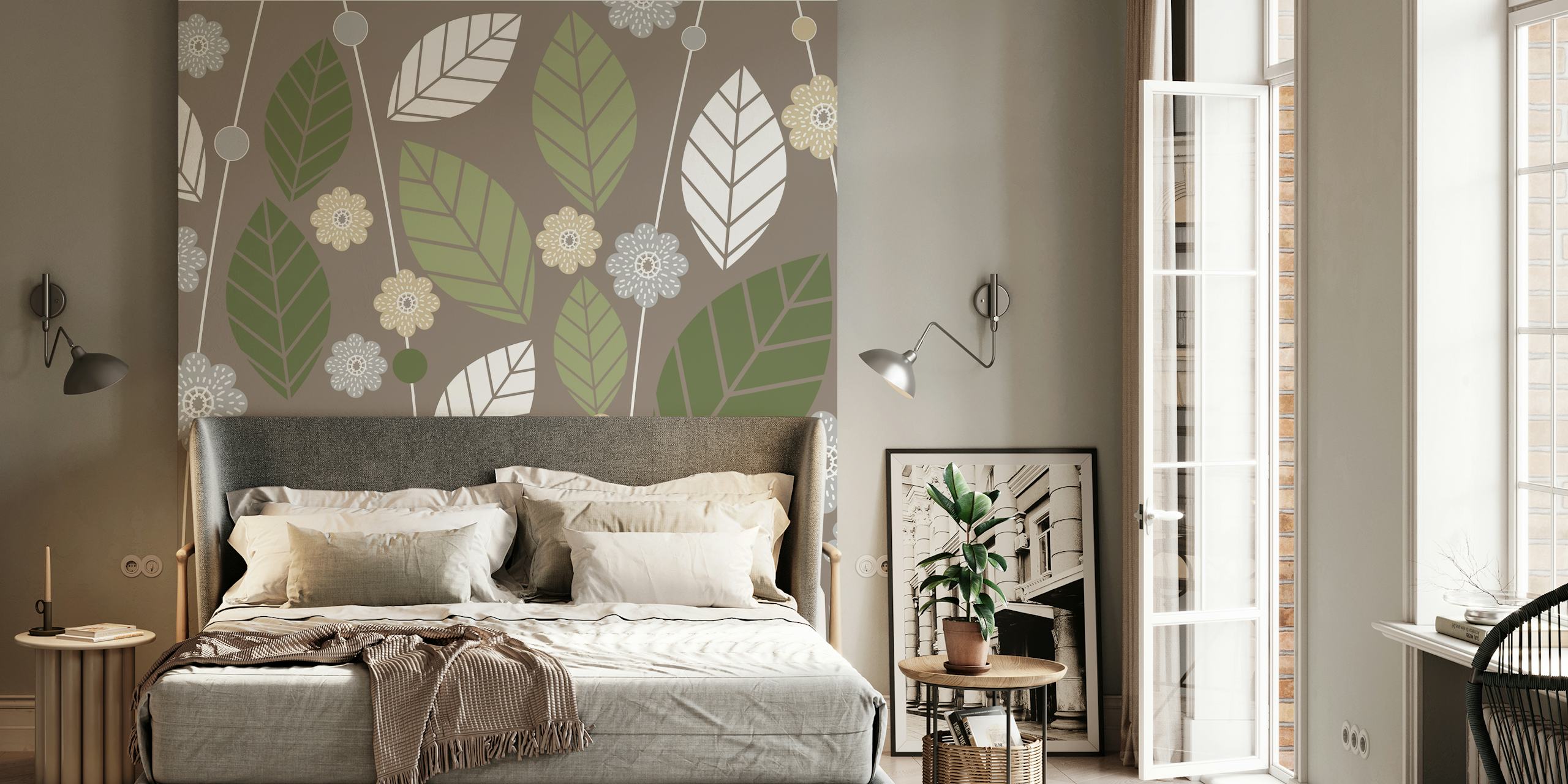 Sage green and beige poppy flower leaves wall mural design