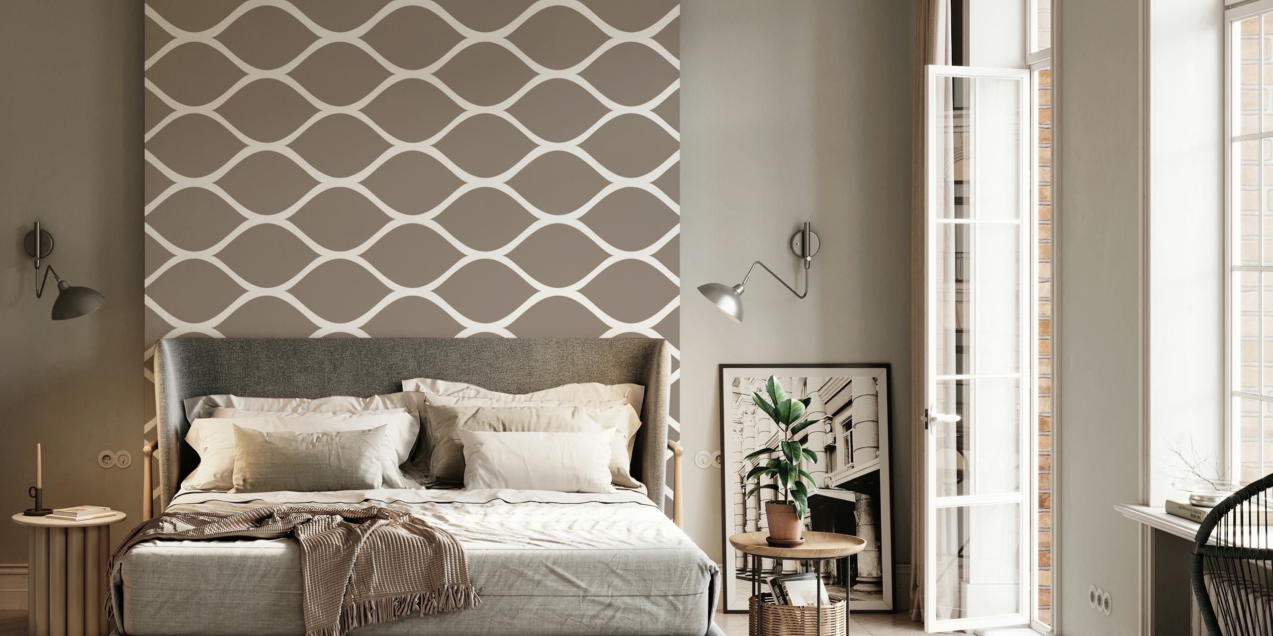 Minimal Taupe White Ogee Grid wallpaper in a room