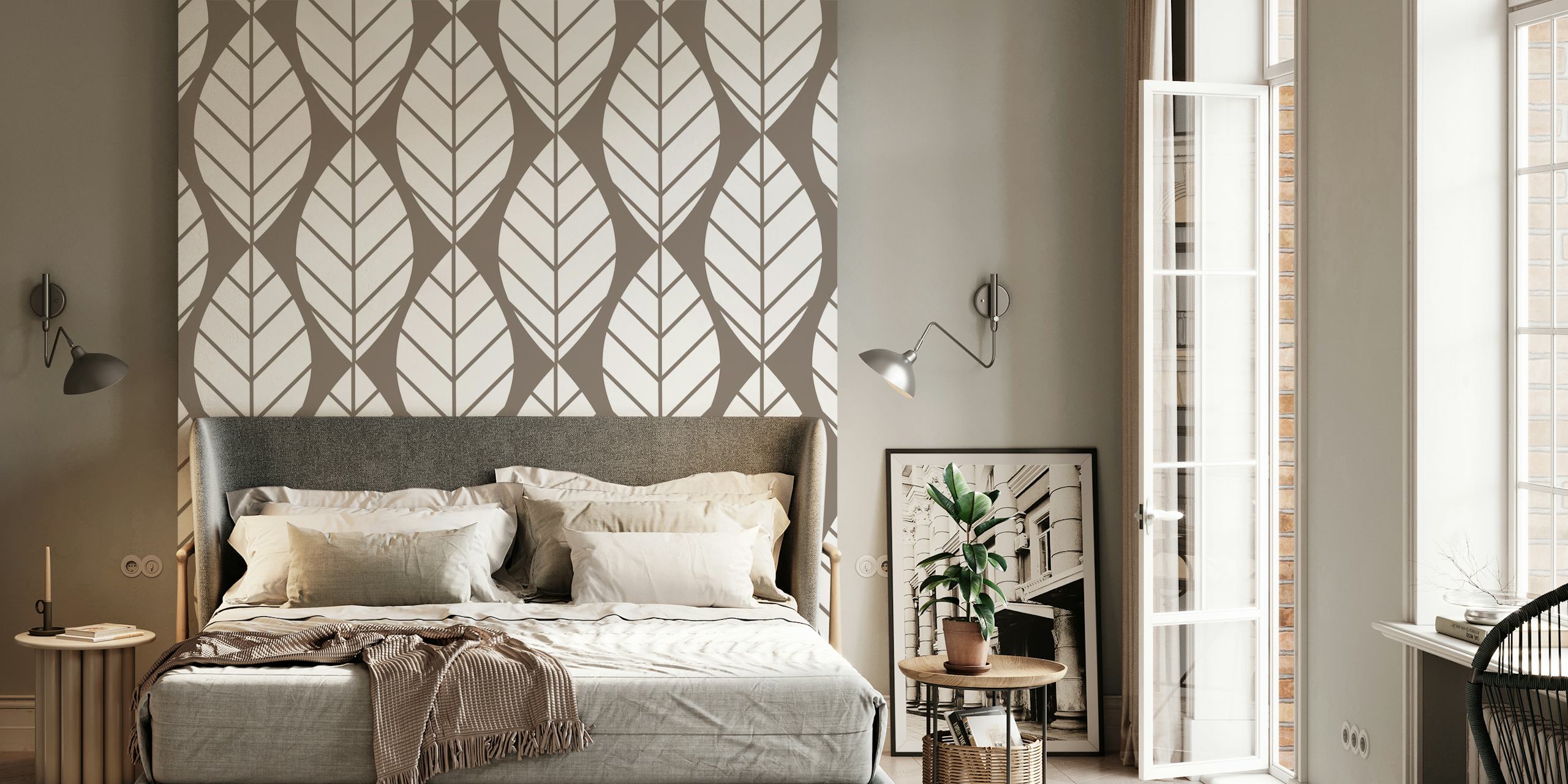 Retro mod Taupe White Leaves wallpaper design