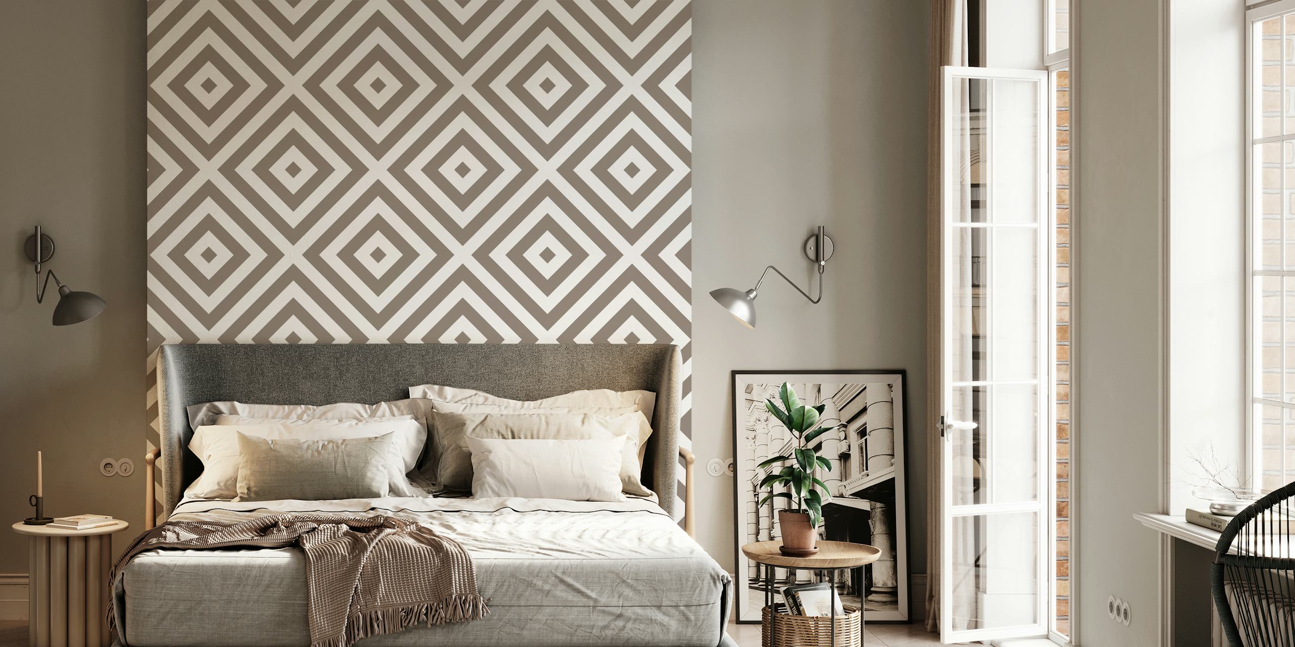 Geometric taupe e quadrados brancos papel de parede em um quarto