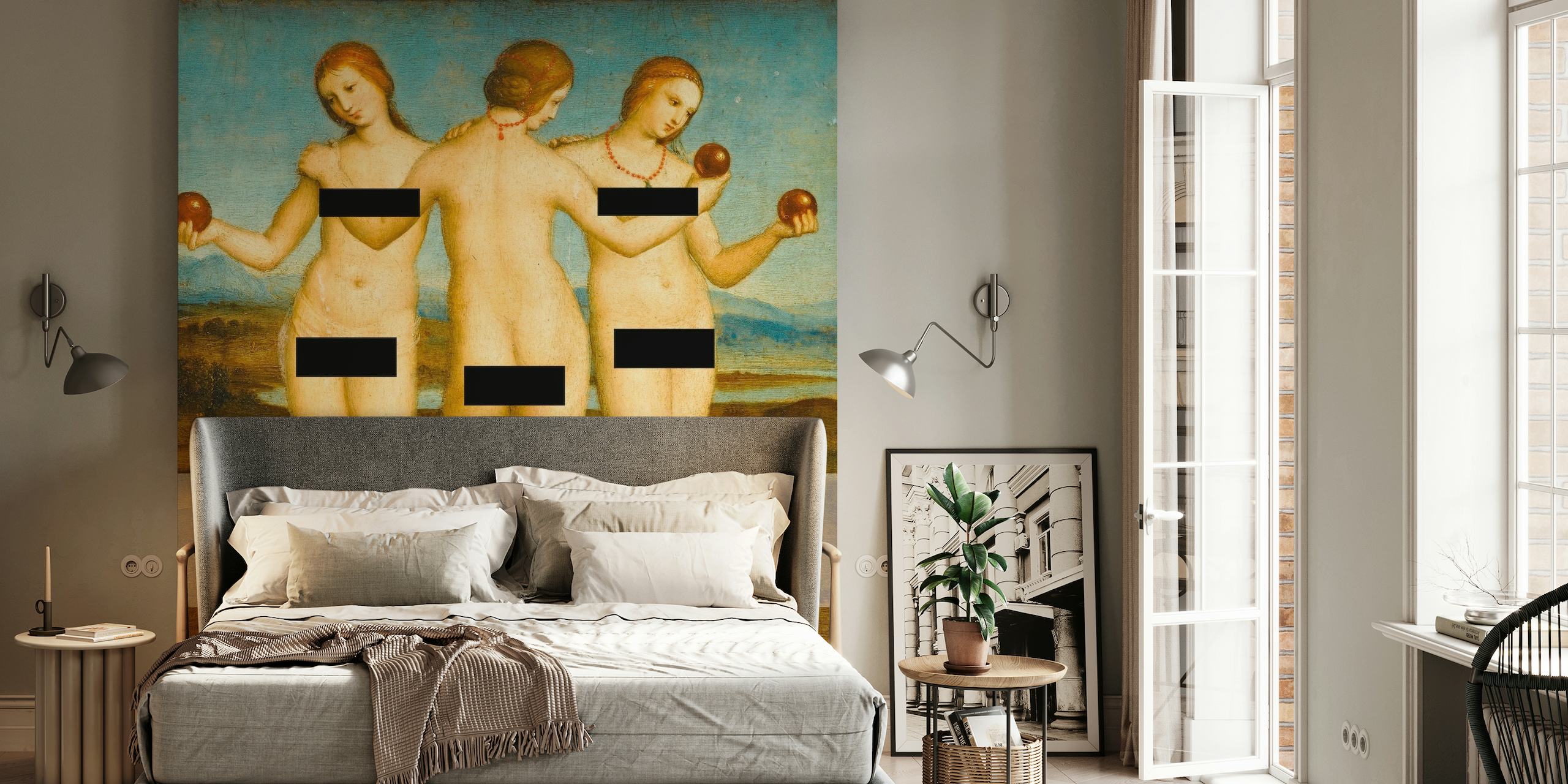 Imagen censurada de las mitológicas Tres Gracias en un mural de pintura clásica para decoración del hogar