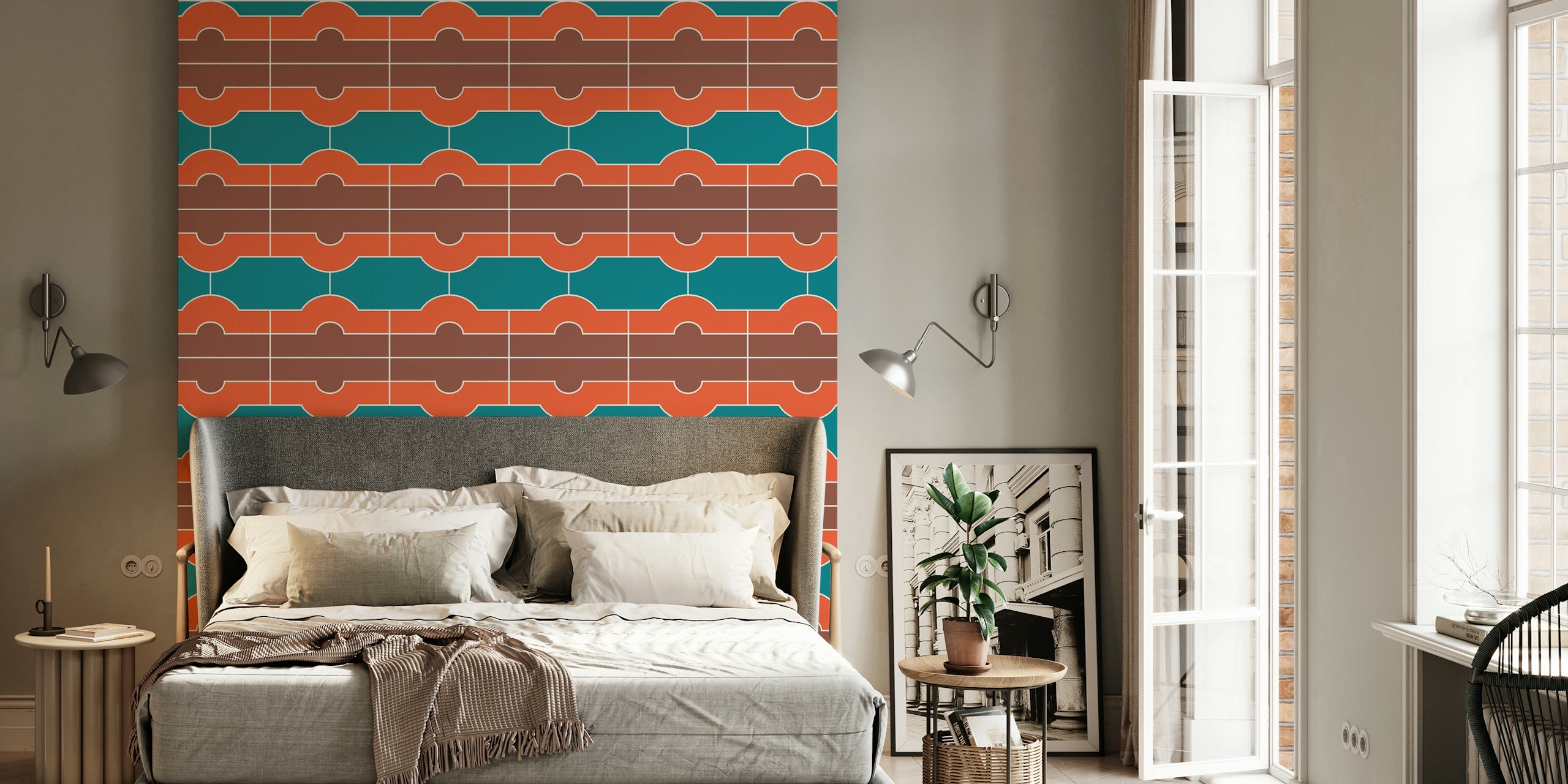 Mural de parede com padrão geométrico colorido inspirado em Alhambra em tons de terracota, verde-azulado e laranja queimado