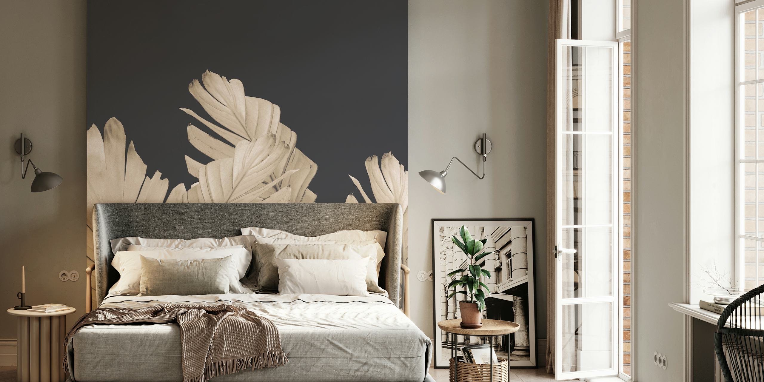 Tropical leaves in sepia tones on dark background wallpaper