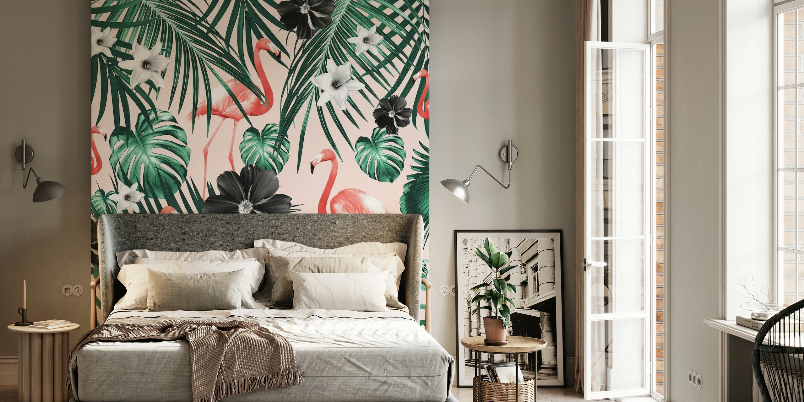 Tropical pink flamingos with green foliage and black flowers on a pink background wall mural