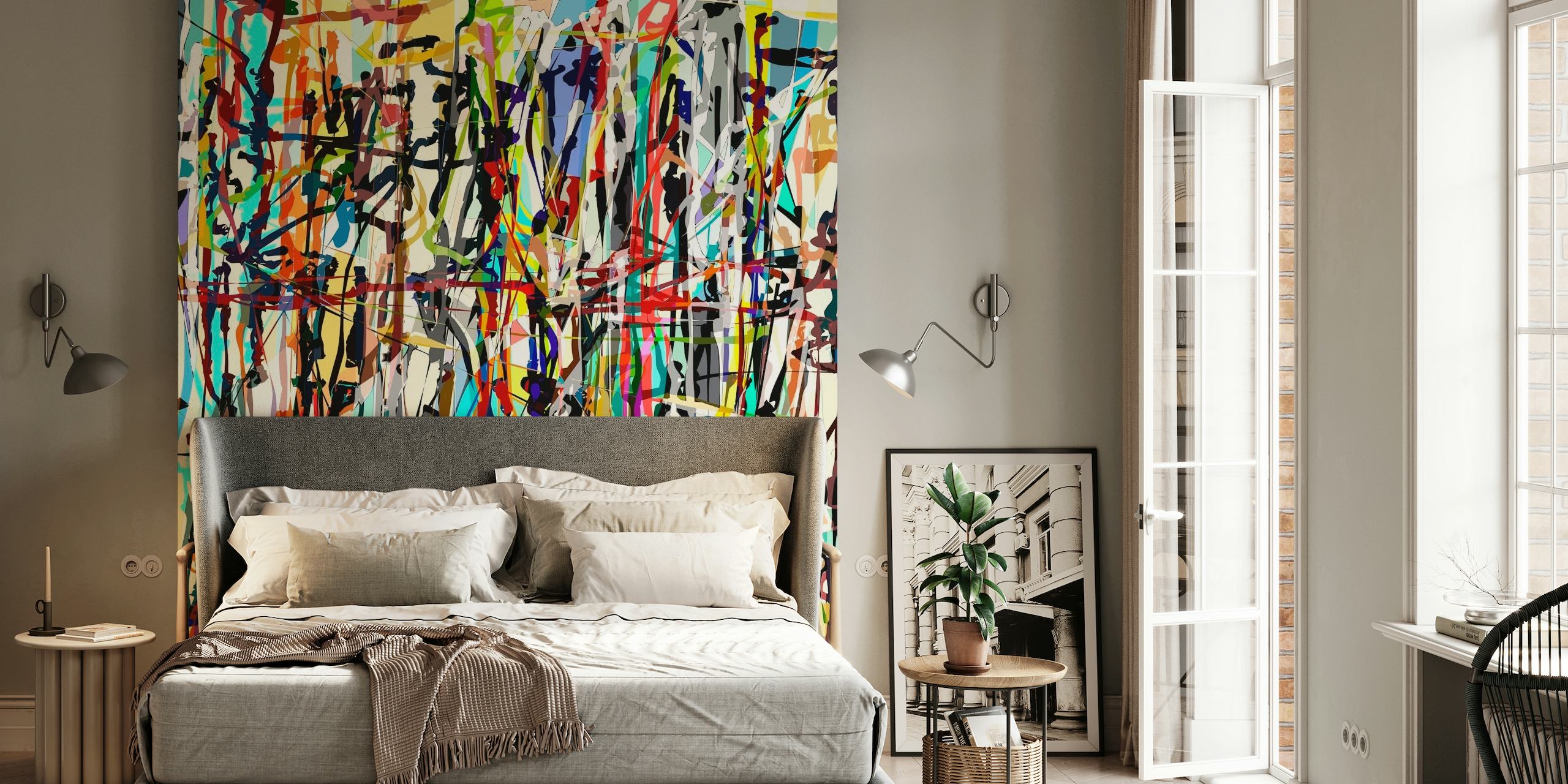 Abstraktní nástěnná malba inspirovaná Pollockem s barevnou směsí živých stříkanců a tahů štětcem.