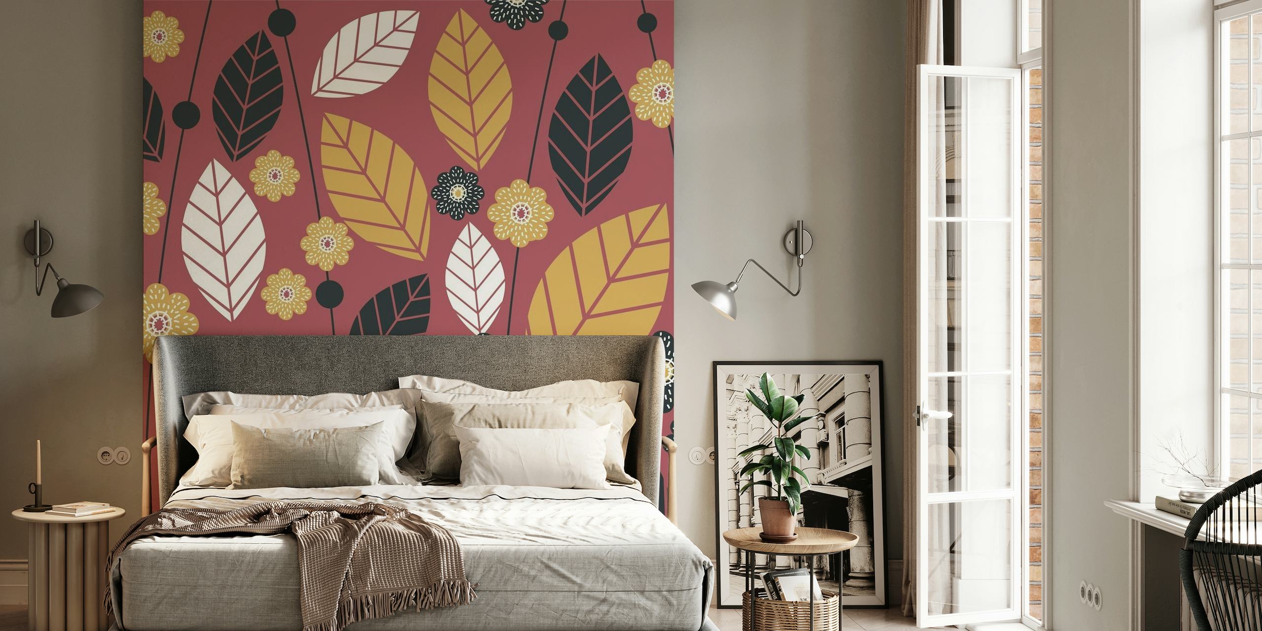Mustard Burgundy Floral Wall tapete