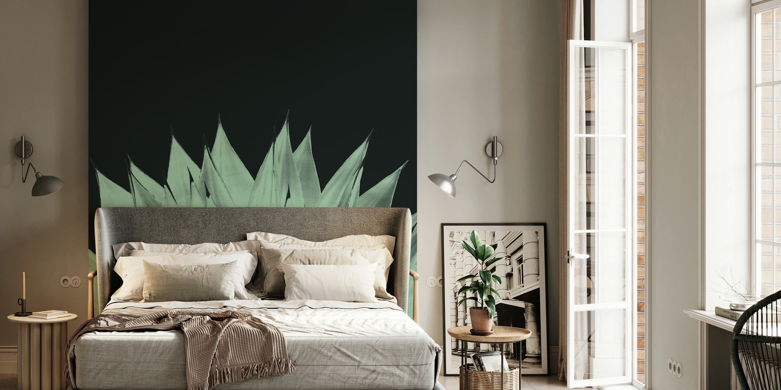 Agave plant silhouette against a dark background wall mural